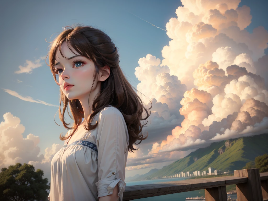 high definition symmetrical image, (goddess of breasts, (((round face))), eyes realistic sizing, (drooping eyes), small breasts, (unzipped hoodie), nipples, ((closeup breasts)), red hair, braid, (((art nouveau))), (alphonse−mucha), ((medieval European street)), (joy smiling, angle from below), (mountains, sunset sky, cumulonimbus cloud),