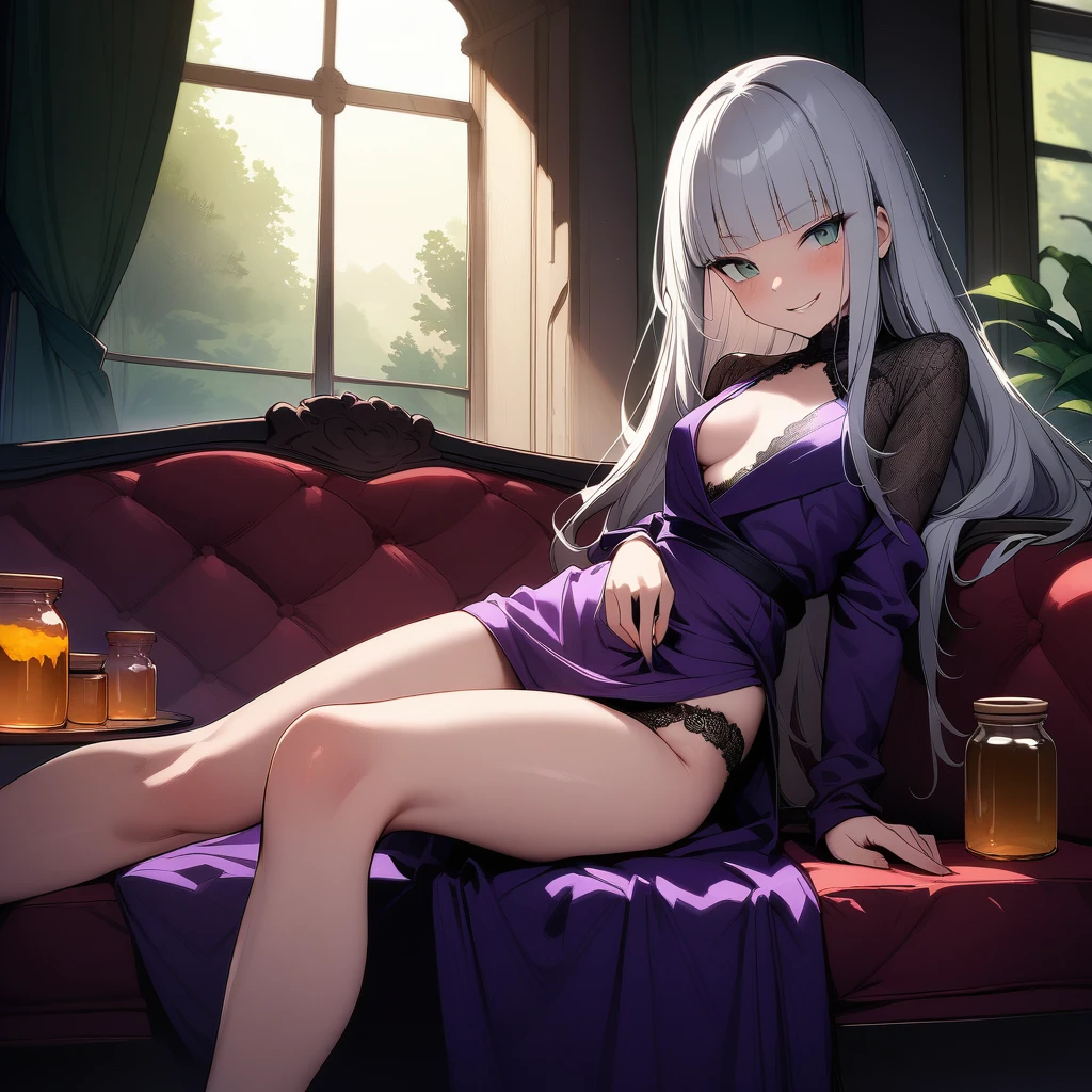 (masterpiece),(best quality),very aesthetic,(ultra-detailed),(illustration),(degenerate),very aesthetic,nsfw,1girl,,slender,long hair,silver hair,straight hair,(blunt bangs),dark blue alluring eyes,smirk,comfortable,An elegant and sophisticated outfit perfect for a party, featuring a purple velvet dress with green lace accents,long sleeves,Art Nouveau patterned fabric from shoulder to arm,bare legs,Jar of honey,ecstasy,happy,inroom,couch,reclining,daytime,Lascivious atmosphere,fantastic atmosphere,Sunlight shining through the window,forest landscape,backlighting,Lace curtains flutter in the wind,Toxic green colored lace panties,Old furnishings,dusty room