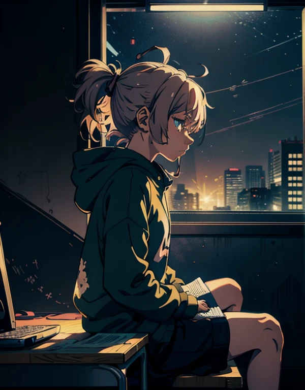 An anime girl wearing a hoodie,((1girl:1.4)), messy hair, studying in her room, sitting at her desk, looking at something, winter night, (2d illustration:1.2), Nanakusa Nazuna | Yofukashi no Uta,(1girl:1.3), ((chill vibes)), night, ((sideview:1.4))