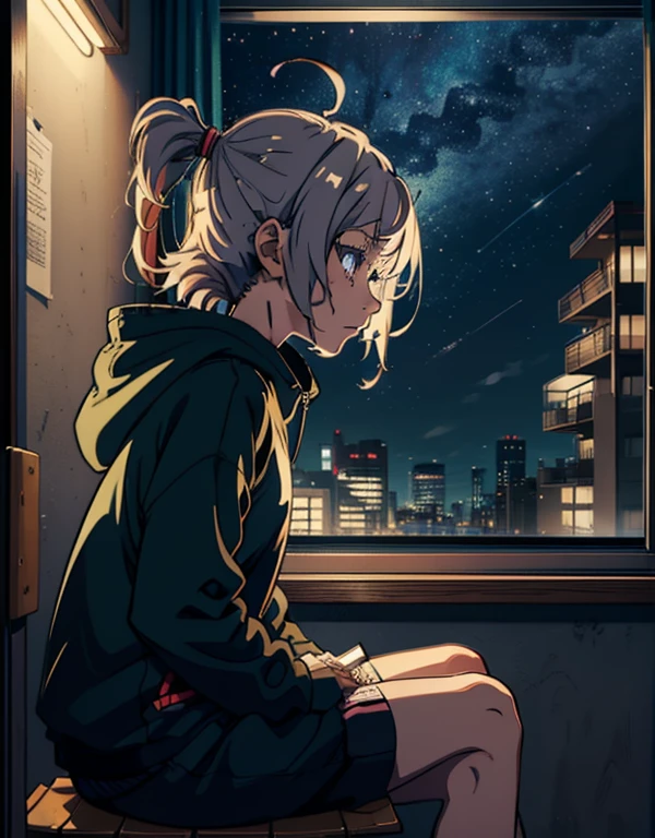 An anime girl wearing a hoodie,((1girl:1.4)), messy hair, studying in her room, sitting at her desk, looking at something, winter night, (2d illustration:1.2), Nanakusa Nazuna | Yofukashi no Uta,(1girl:1.3), ((chill vibes)), night, ((sideview:1.4))