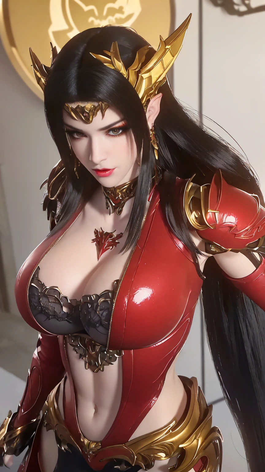 A BUSTY MILF, CLOSE UP UPPER BODY,SOLO,(BLACK HAIR), (MASSIVE FAKE BOOBIES,CLEAVAGE TOP,11 LINE ABS:1.5), ((WEARING OUTFIT MECHA CRIMSON DRAGON KING ARMORED:1.5)),(CURVY MUSCULAR BODY SHAPE:1.5), (CLEAN GLOSSY BODYSKIN:1.5), (LOOKING AT VIEWER:1.6), (BACKGROUND FUTURISTIC SPACE STATION:1), (PHOTOREALSITIC:1.4), (ULTRA-DETAILLIERT), (TOP-QUALITY), (BEST SHADOWS), BRIGHT LIGHT IN ROOM, HYPER TEXTURE, (4X MSAA), ((UNREAL ENGINE 5 RENDER)), PHYSICALLY-BASED RENDERING, ULTRA HIGHT DEFINITION, 16K, 1080P.