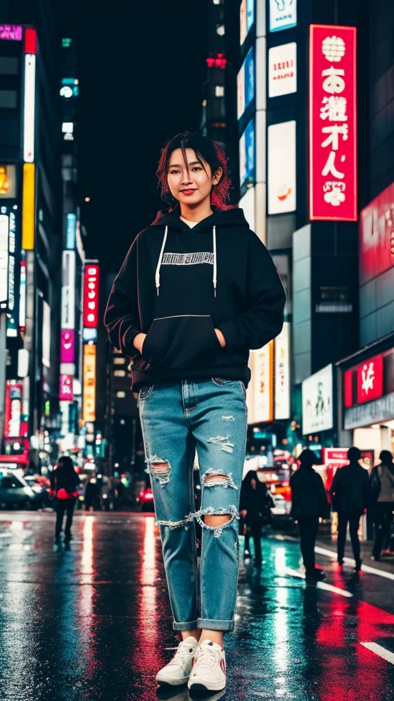 **Prompt for a Realistic Image: Girl in Street Casuals in Tokyo at Night**
Create an ultra-realistic, high-resolution image of a young woman wearing street casuals in the bustling city of Tokyo at night. The scene captures the vibrant energy and urban atmosphere of Tokyo.
The scene includes:
- **The girl**: She is wearing trendy street casual attire, consisting of a stylish oversized hoodie, ripped jeans, and fashionable sneakers. Her hair is styled in a chic, casual manner, and she carries a small backpack. Her expression is confident and relaxed, with a hint of a smile as she takes in the surroundings.
- **The city**: Neon signs and billboards light up the streets with a kaleidoscope of colors, reflecting off the wet pavement from a recent rain. The famous Shibuya Crossing is packed with people, creating a dynamic and lively atmosphere.
- **Background elements**: Skyscrapers with illuminated windows, bustling shops, and street vendors add to the urban setting. Cars and taxis with their headlights on move through the streets, and the iconic Tokyo Tower can be seen in the distance, glowing against the night sky.
- **Additional details**: Streetlights cast a warm glow, and the reflections of the city lights on the wet pavement create a vibrant, electric ambiance. Pedestrians with umbrellas move through the scene, adding motion and life to the image.
The overall composition captures the essence of Tokyo's nightlife, with the young woman seamlessly blending into the vibrant, energetic urban environment.