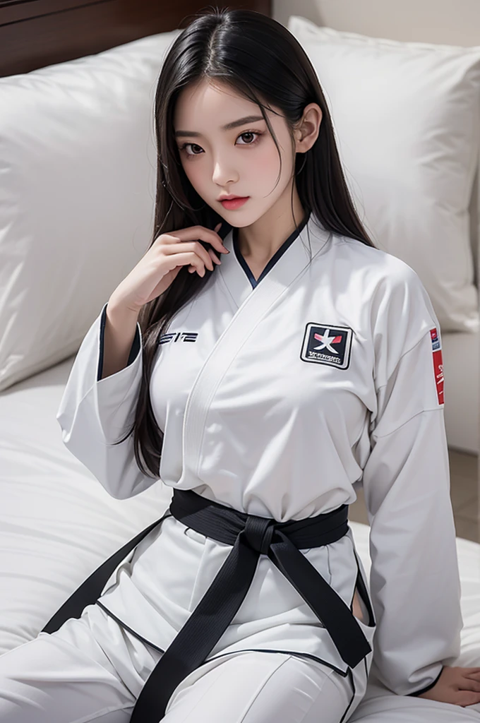 masterpiece, ultra details, best quality, 1 korean taekwondo girl, masterpiece, ultra details, best quality, black long straight hair, wearing sweaty white World Taekwondo Federation dobok uniform with black v-neck, wearing taekwondo blackbelt, wearing white martial arts pants without pockets, large sweaty butt, large breasts, laying on wet hotel bed showing butt, sweat droplets on face, seductive facial expression, blushing