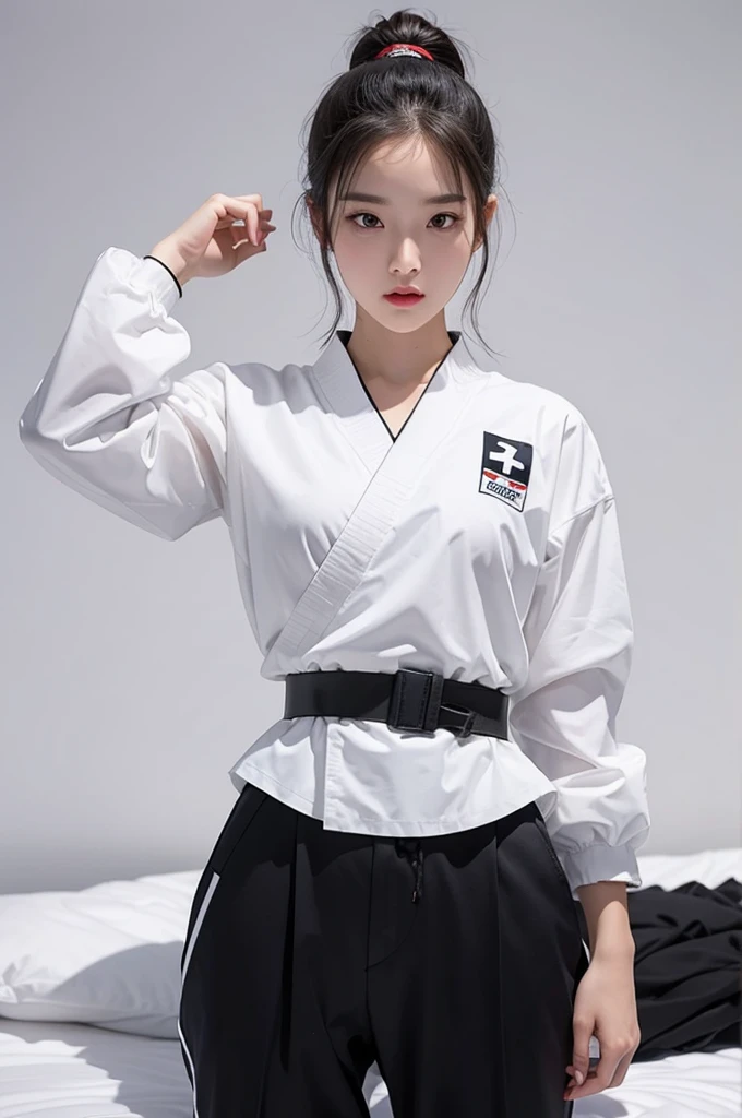 masterpiece, ultra details, best quality, 1 korean taekwondo girl, masterpiece, ultra details, best quality, black long straight hair, wearing sweaty white World Taekwondo Federation dobok uniform with black v-neck, wearing taekwondo blackbelt, wearing white martial arts pants without pockets, large sweaty butt, large breasts, laying on wet hotel bed showing butt, sweat droplets on face, seductive facial expression, blushing