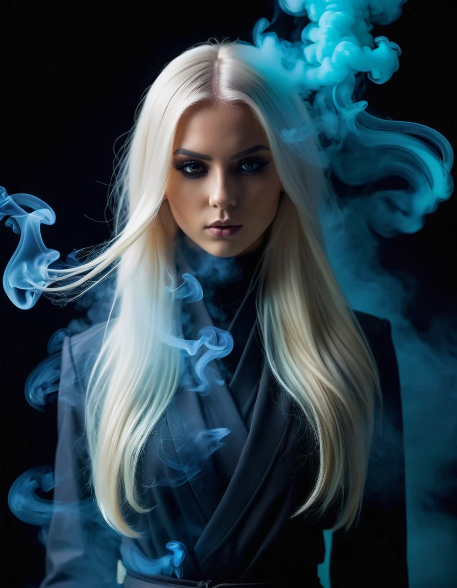 very attractive caucasian 25 year old girl with long platinum blonde hair, Create an ultra-detailed shot of a figure fully made of smoke in a Smoking Girl shape, ninja, (ghostly figure) front view, motion effects, colorful smoke, studio lights, ultra sharp focus, high-speed shot, soft colors, UHD, 16k