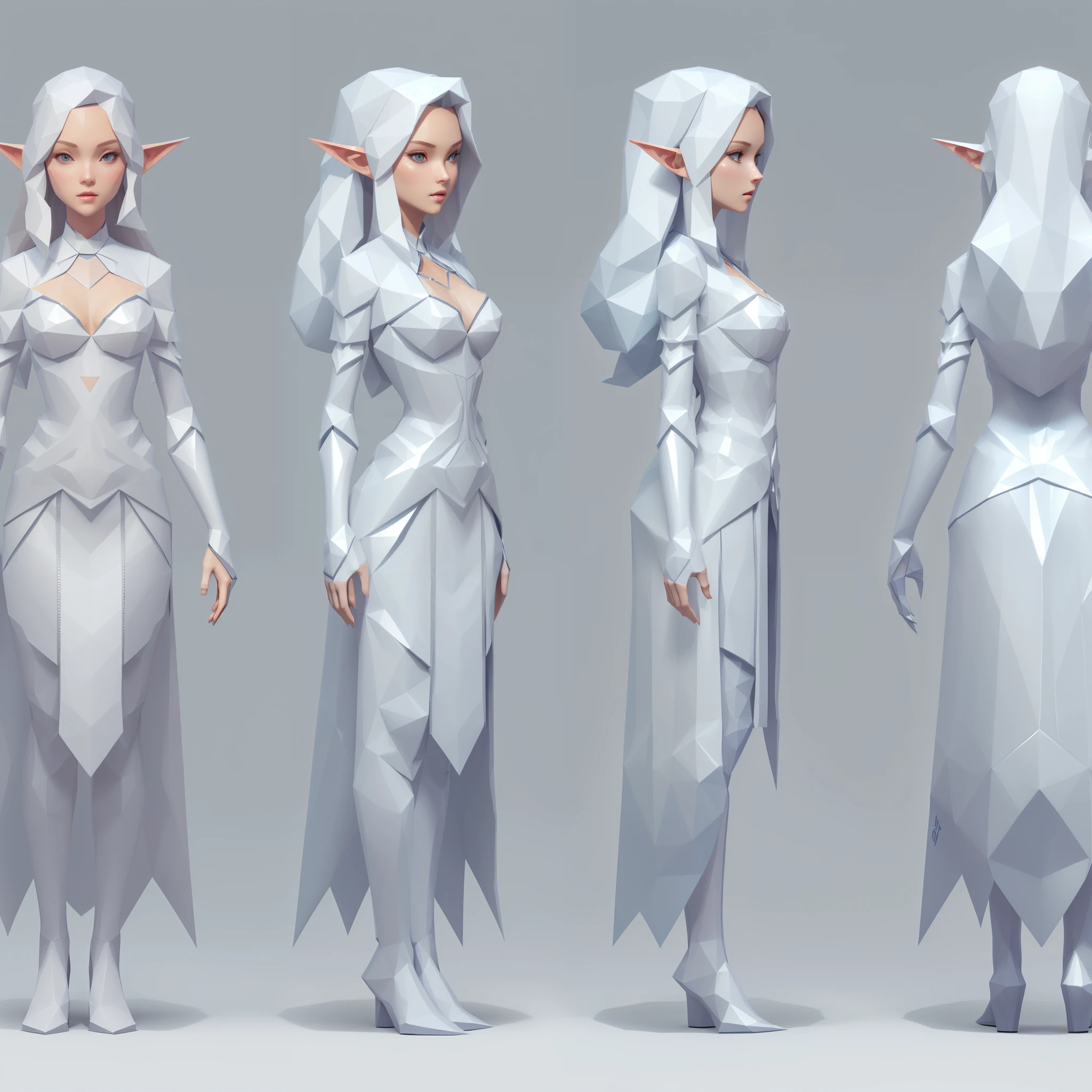 (Masterpiece, best quality: 1.2), (Super detailed), (Illustration),(HDR:1) a set of three different poses of a woman in a white dress, rpg concept art character, rpg character concept art, magical fantasy 2 d concept art, game character concept art, very stylized character design, game character design, fantasy character design, stylized character design, dnd character design concept art, high quality character design, character posing for concept art, white long hem, elf, low poly full body concept, low poly detailed full body concept, character model sheet turnaround, fullbody shot turnaround, concept character sheet, full body concept art, reference model sheet , full body concept art, PS1 style character, game character design, female, video game ps1 character concept, low poly detailed character design, character sheet, character model sheet turnaround , front and back, front and back, grey clean background, low poly 3D character, leather belt with leather knife bag, oceanblue cloth, blue hem with white fur, low poly art style, low polygon, ((low polygonal)), ((organic shapes and lines)), (((low poly art style))), perfect alignment, ((clear outline)), (((polygon skin texture))),3d render, ((PS1 graphics)), ray tracing, sharp focus, ((low poly face)), ((polygon shape))