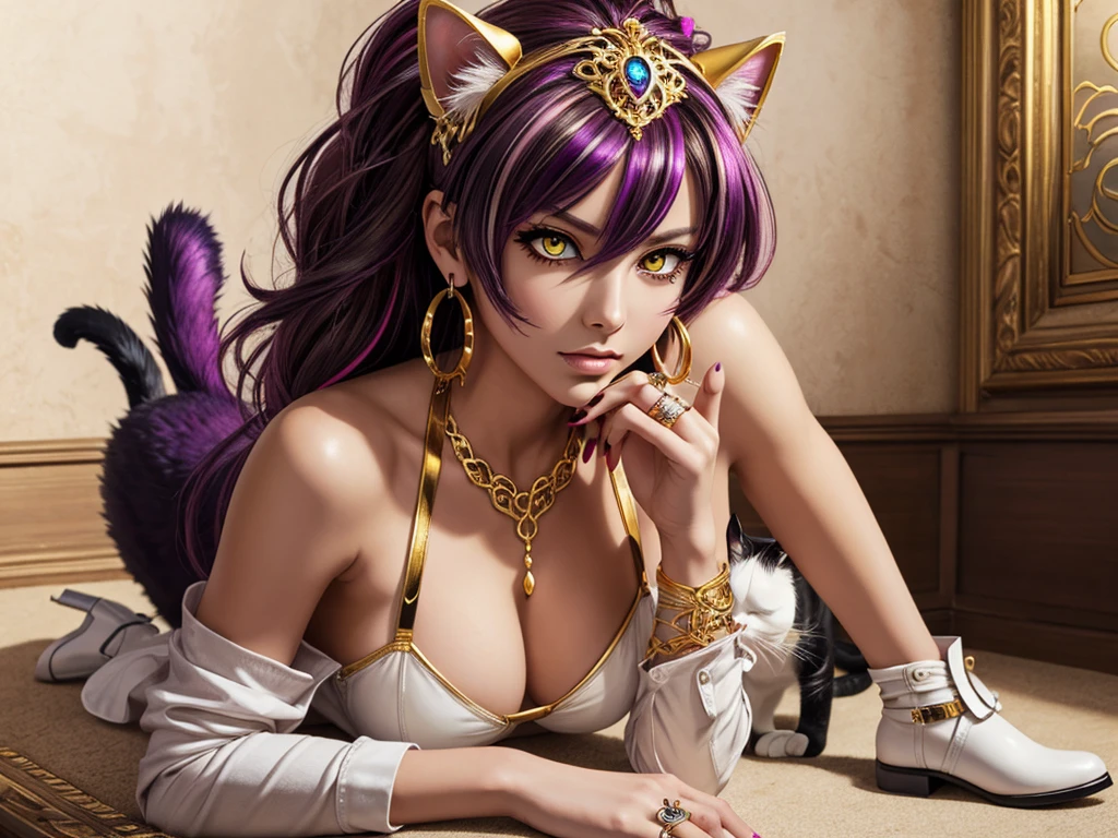 There is lost coliseum there female lionessin seductive pose, she have ebony colour skin beautiful yellow cat eyes dark gold eyeshadows make up, ring style earrings, her hair is purple with pink highlights . she dressed in white neather topic with golden parts on countures also short and white leather straps on her cat legs instead of boots, her hands have hude ruby claws on her fingers, (ultra high quality fantasy art, anime fantasy style, masterpiece, ultra high quality character design, 8k quality anime art, realistic anime art, top quality wallpaper illustration, detailed ultra high quality accurate face, high quality design and accurate physic)