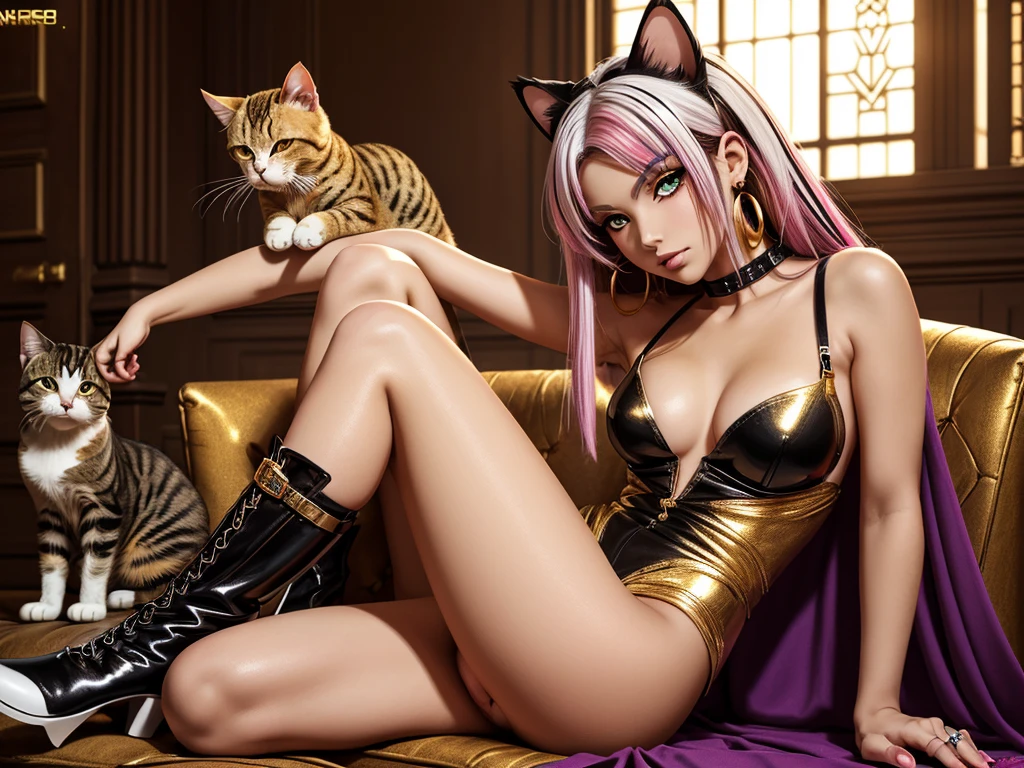 There is lost coliseum there female lionessin seductive pose, she have ebony colour skin beautiful yellow cat eyes dark gold eyeshadows make up, ring style earrings, her hair is purple with pink highlights . she dressed in white neather topic with golden parts on countures also short and white leather straps on her cat legs instead of boots, her hands have hude ruby claws on her fingers, (ultra high quality fantasy art, anime fantasy style, masterpiece, ultra high quality character design, 8k quality anime art, realistic anime art, top quality wallpaper illustration, detailed ultra high quality accurate face, high quality design and accurate physic)
