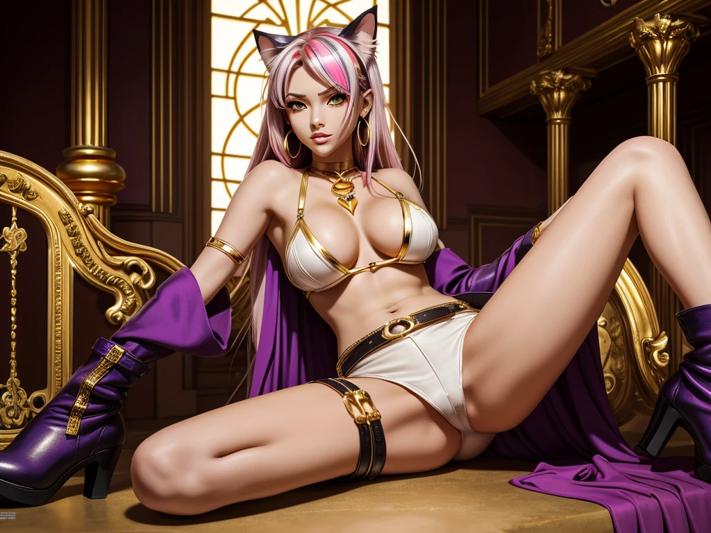 There is lost coliseum there female lionessin seductive pose, she have ebony colour skin beautiful yellow cat eyes dark gold eyeshadows make up, ring style earrings, her hair is purple with pink highlights . she dressed in white neather topic with golden parts on countures also short and white leather straps on her cat legs instead of boots, her hands have hude ruby claws on her fingers, (ultra high quality fantasy art, anime fantasy style, masterpiece, ultra high quality character design, 8k quality anime art, realistic anime art, top quality wallpaper illustration, detailed ultra high quality accurate face, high quality design and accurate physic)