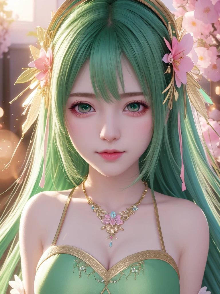 best quality, masterpiece, High target, There is a girl with a basket of flowers on her head, Big breast beauty，Very sexy，beautiful clothes, Hair Decorationss, necklace, Decorations, Pretty Face, When the body, Tyndall effect, Realistic Portraits, Edge lighting, Two-color light, (Very delicate skin:1.2), 8K uhd, Digital SLR Camera, Soft Light, high quality, Volumetric Lighting, Honest, photo, high resolution, 4K, 8K, Bokeh, Green hair，Pink Eyes.