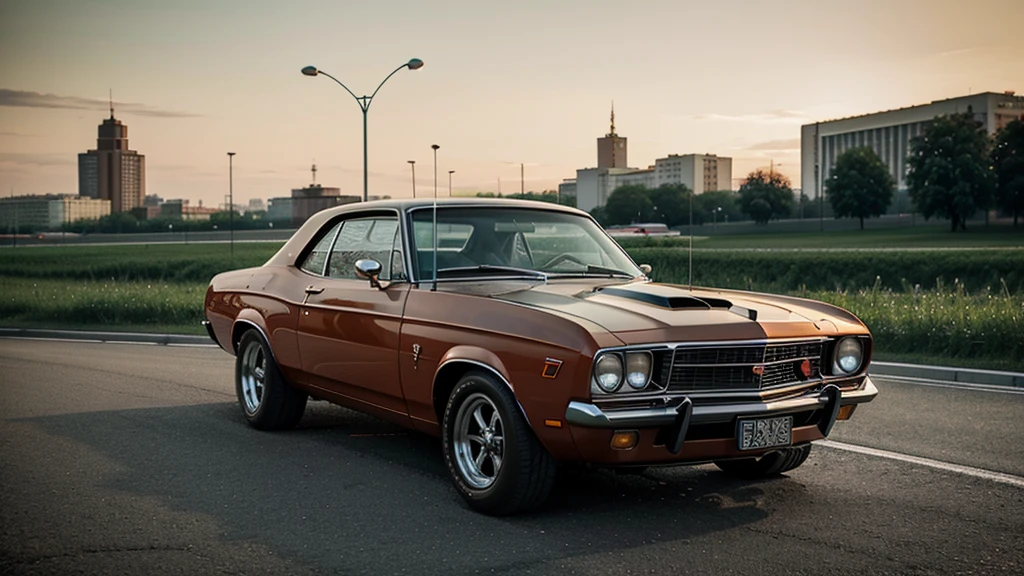 Soviet muscle car of the 70s, in a coupe body, GAZ 24, against the backdrop of evening Moscow