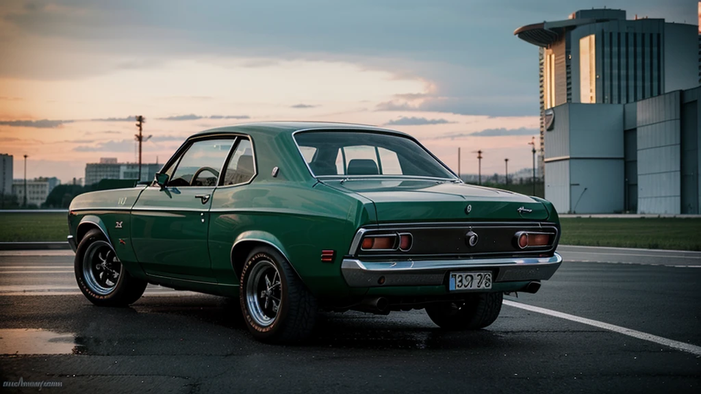 Soviet muscle car of the 70s, in a coupe body, GAZ 24, against the backdrop of evening Moscow