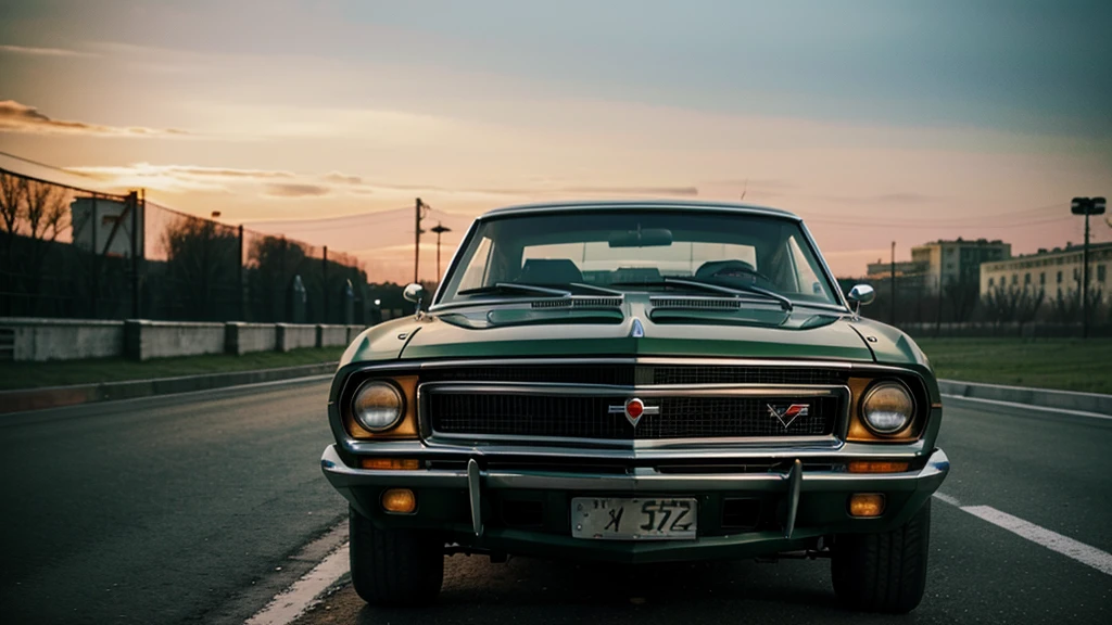 Soviet muscle car of the 70s, in a coupe body, GAZ 24, against the backdrop of evening Moscow