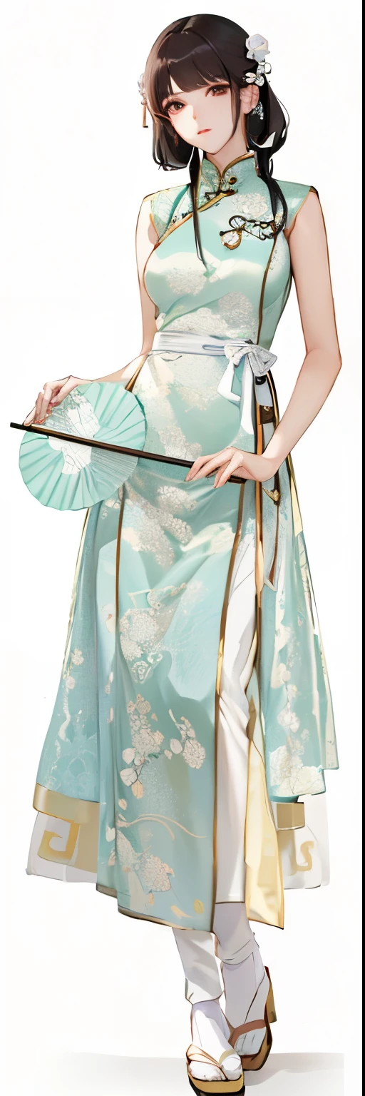 A woman in a dress、Close-up of a woman holding a Chinese round fan, Hanfu, Inspired by Yin Dourui, Wearing Chinese clothes, cheongsam, By Zheng Xuan (Jeong Seon) of inspiration, apron, Chinese traditional clothing, Inspired by Shen Si Zheng, Wearing a lady's costume, inspired by Jin Nong,