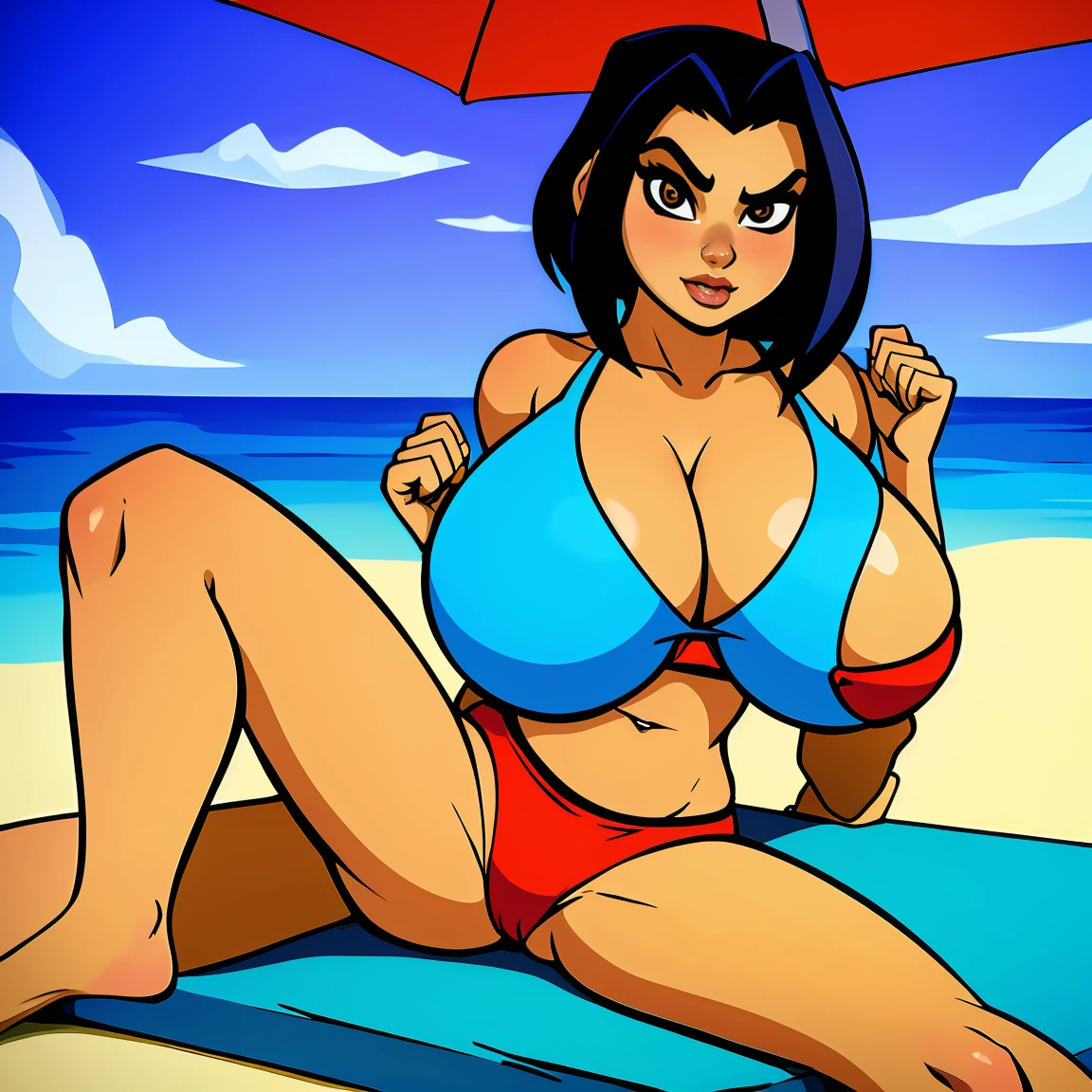 ai
beach
beachday
bigboobs
bigtits
bikini
busty
cartoon
jade
jadechan
ocean
shortshorts
redbikini
aiart
youngjade
beachchair
bigbreasts
jackiechan
jackiechanadventures
sandybeach
jackie_chan_adventures ((masterpiece)), ((best quality)), (detailed), perfect, solo, gorgeous woman with jewelery bra, luscious lips, huge breast, deep cleavage, huge breasts, sexy, lying down