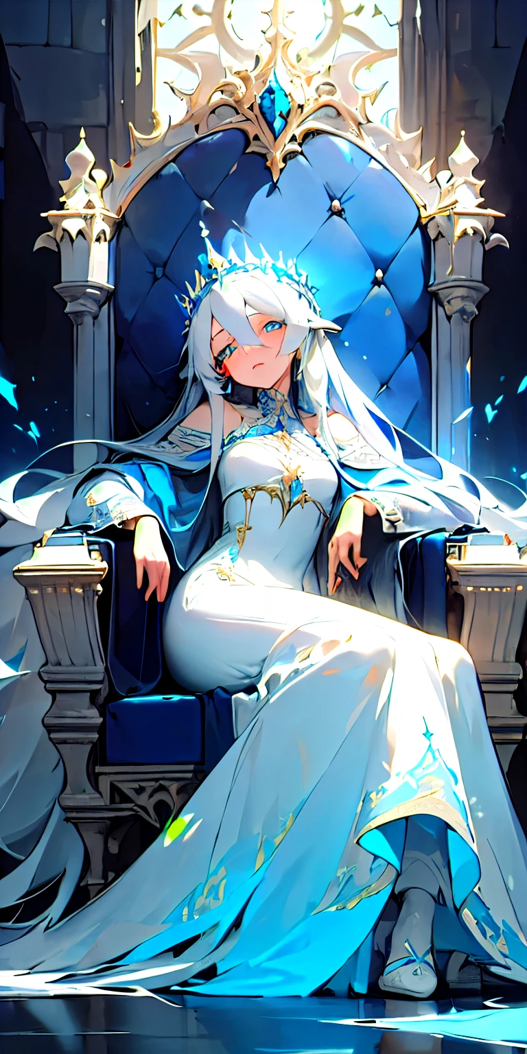 (masterpiece, best quality),1girl with long white hair lounging on a throne in an old stone castle, cold lighting, elaborate long blue dress, foliage through the stone walls, glowing blue eyes