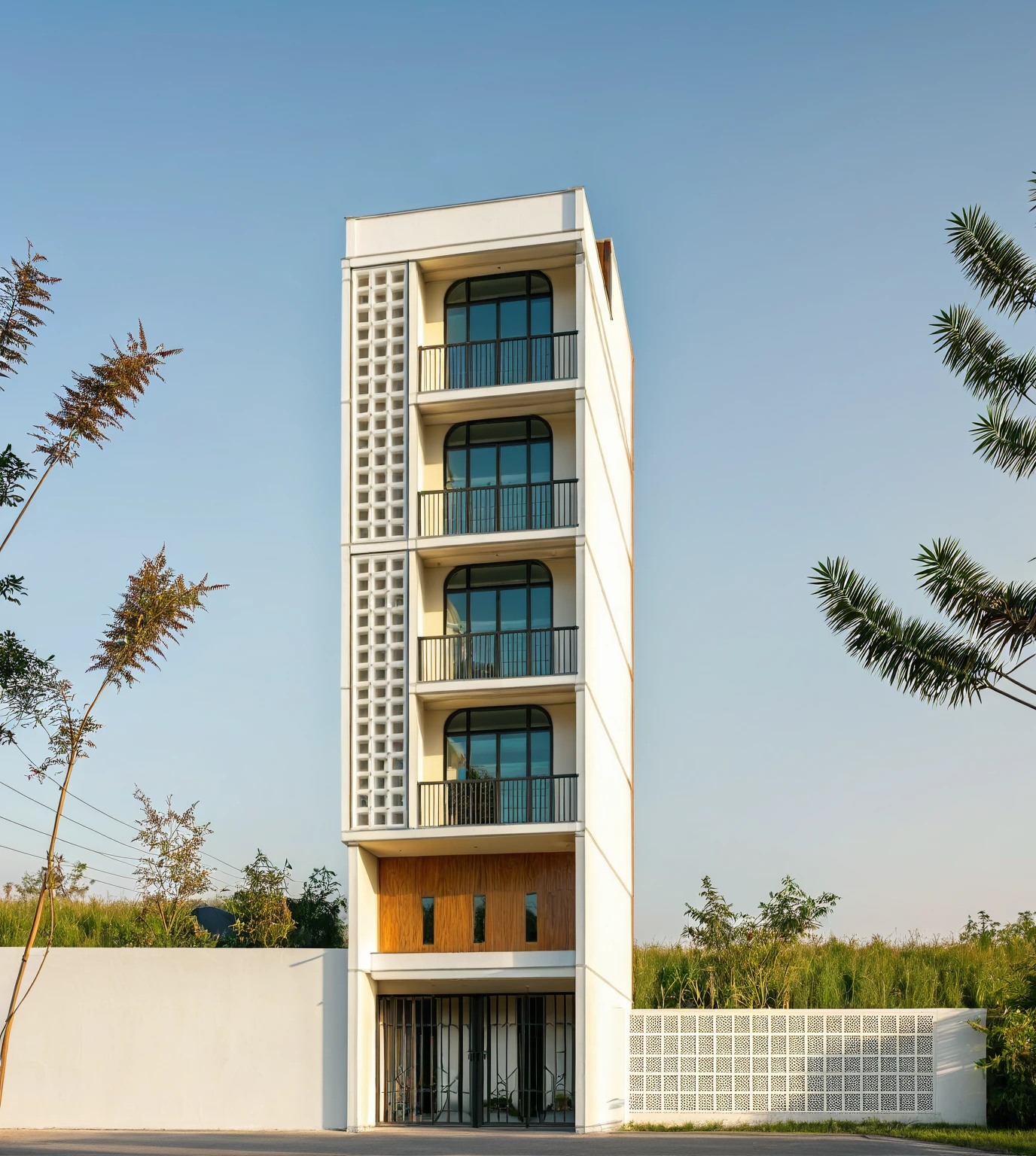 Photo brute,head of&#39;artwork, High quality, best quality, authentique, great detail,
Outside, En plein air,Tuonghoagio,house, style moderne, on street,mur de fleurs de vent, glass windows, white wall,grille, metal railing road,pavement, grass, trees, sky, (jour:1.1)