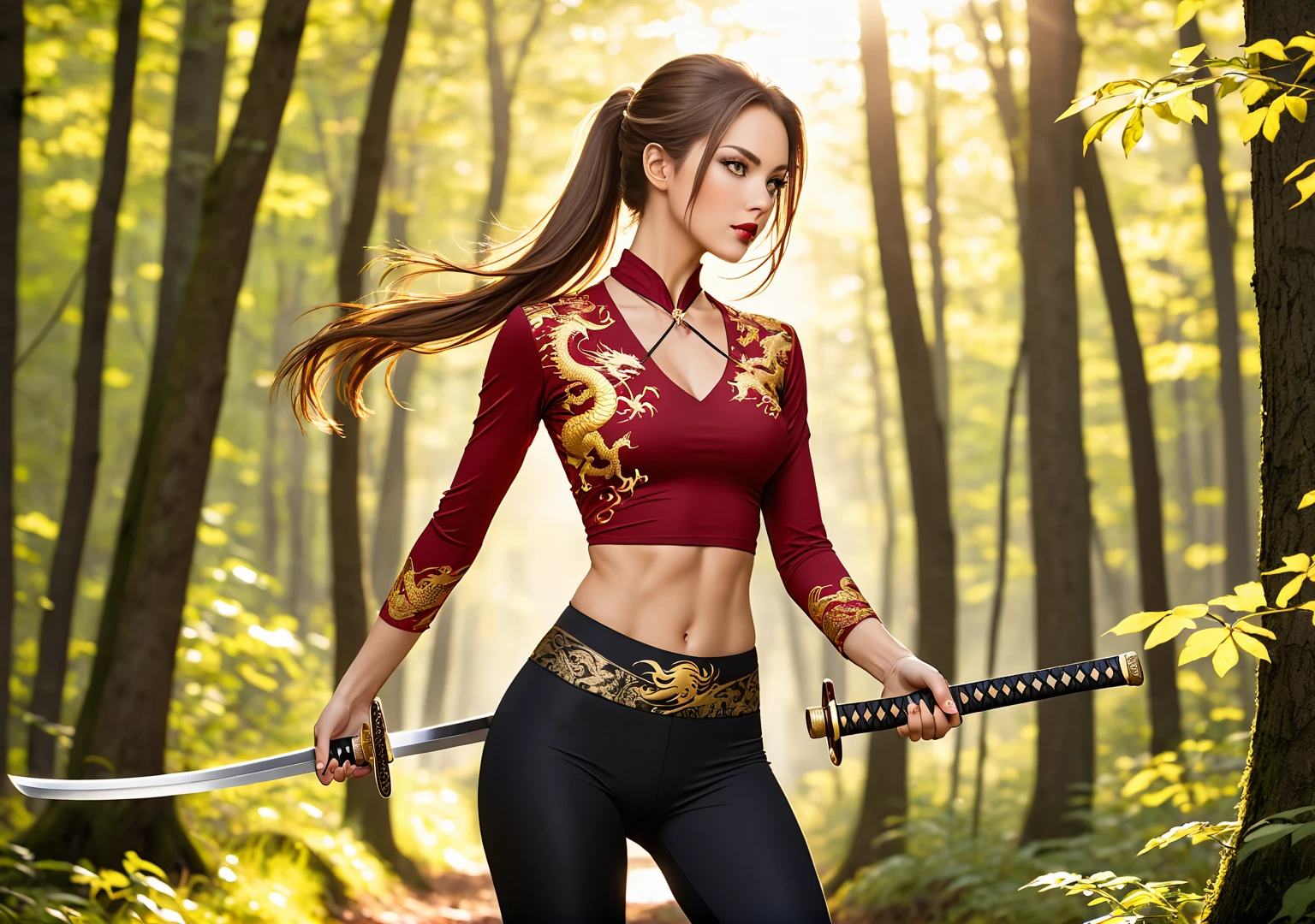 Beautiful woman with mid straight ponytail brown hair with brown eyes wearing an Black Tight Leggings With Golden Dragon Prints, a Red Sexy Criss Cross Mock Neck Mid Sleeves Blouse With Phoenix Prints, luxurious jewelry and a luxurious necklace, 18k gold wedding ring on left hand, fighting in the woods at sunshine, holding a katana with both hands, (caucasian skin), (light brown lipstick), (elegant mascara), (slim body with abs), (small breasts), (wide hips), midjourney, <lora:GoodHands-, <lora:GoodLegs-, <lora:PerfectKatana-, UHD, high resolution, (masterpiece:1.1, best quality), (expressive eyes, perfect face, full body, expressive face, perfect body, perfect pussy, athletic, fit, slim body, blushing, Perfect makeup, eyeliner, beautiful eyelashes, smiling, horny face), ((best illumination, best shadows)), ((fight pose)), ((perfect katana))