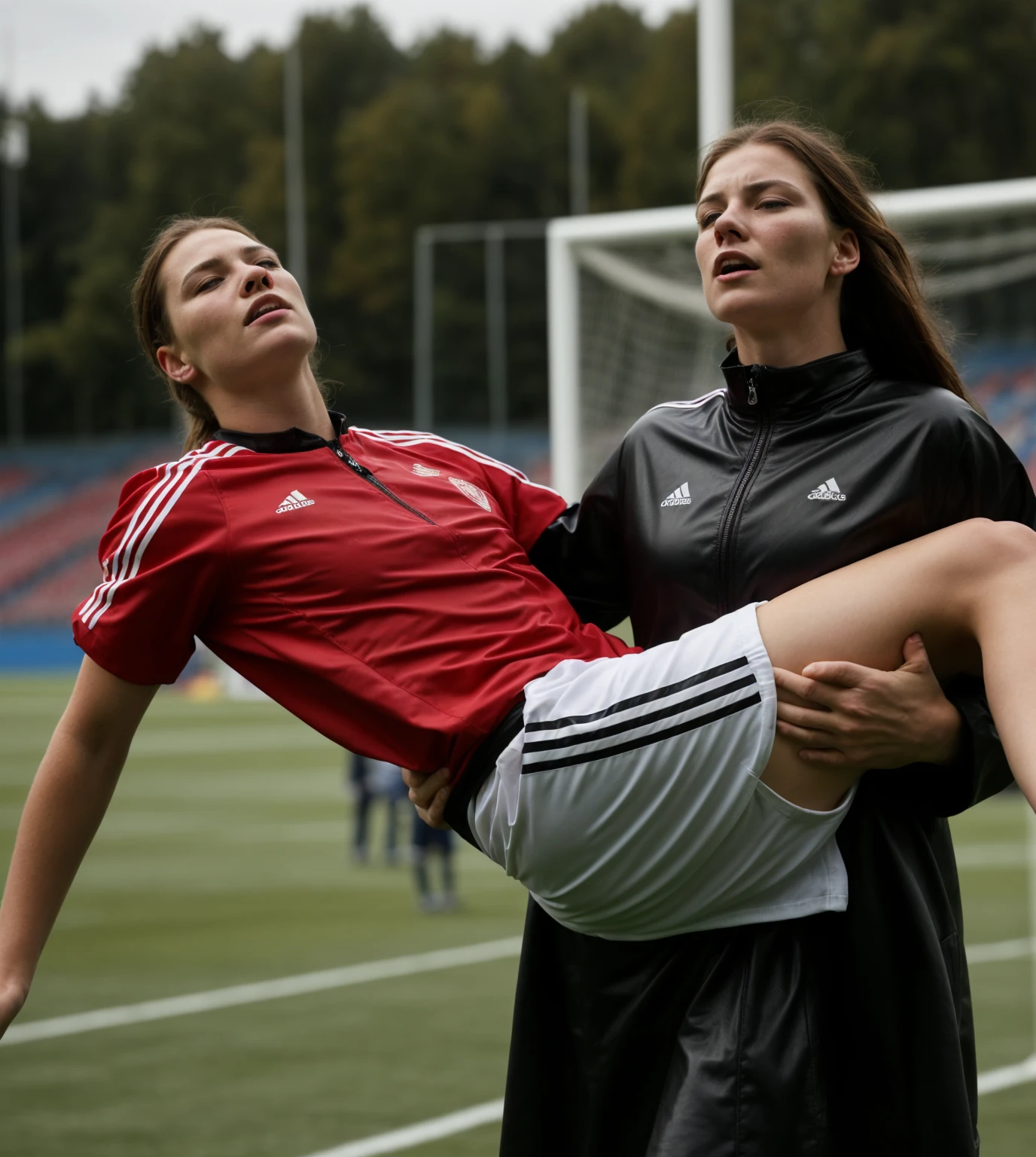 his head hangs down, his body hangs weak and unconscious, there is a longhaired and beautiful girl in a black jacket standing, woman carrying a consciousless man at a soccer game, Andrea carries the wounded man's body in her hands, Andrea grabs his legs and his body with her hands, the bearded man in Andrea's arms is visibly in pain, stadium atmosphere, the bearded man is lying consciousless in Andrea's arms with one arm hanging down, A scene at a soccer stadium, a bearded man lying in a caring women's arms, lying helpless in her arms with his head dangling down, he has one arm dangling down while being carried in the women's arms, There is an attractive and heavily made-up woman in a long black leather coat, A pretty woman in a shiny black leather coat on a soccer field, A wonderful woman is holding a passed out man, A man in matt and roughened sportswear is held diagonal in her arms, a man in a woman's arms and lets one arm dangling down, we see the man held in front of the woman's body, the man is cradled in the woman's arm while being carried, the beautiful woman is exceptionally heavily made up and has an extremely desperate and very angry expression on her face, high-resolution photo, realistic sports photo, soccer scene, woman in black shiny long leather coat, injury scene, real photo, ultra realistic, high definition, sports photography