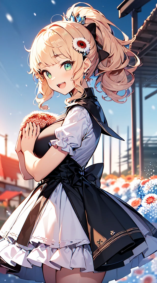 (8k, RAW photo, best quality, masterpiece, highres, absurdres, ultra detailed:1.3), (Photography, realistic, photo-realistic:1.4), (beautiful natural lighting, beautiful deatailed shadow, beautiful detailed glow :1.4), atmosphe
BREAK, 1 beautiful girl, girl, (cute:1.5),(chibi:0.5),(cute:2.0),(loli:2.0),(12 year old girl),(big breasts:1.65),(chin hair,blond hair,blue bow,green eyes,eyebrows showing through hair,side locks,split bangs long hair, hair flowers, hair ornament, big bows in hair, curly hair, ponytail:1.6),:el, white feathers, one slender white winged, Ang el wings, spread wings, shining wings),pit \black},sparkling skin, clear skin, glowing beautiful skin, open mouth, bashful smile, solo, fangs, upper teeth,(long eyelashes, double eyelids:1.2),solo, sparkling skin, clear skin, glowing beautiful skin,(top quality face),(top quality shining eyes),(fun, happy fluttering:1.45)
BREAK (white and pink theme:1.5), (white and pink Classical lolita fashion:1.5),(white and pink Princess dress adorned with a plethora of fresh gerbera (in various vibrant colors:1.2):1.5), (voluminous frills:1.3), (Basque waist:1.3), ((crinoline, long multilayer-voluminous ruffle skirt) adorned with a plethora of fresh gerbera (in various vibrant colors:1.2):1.5), (intricate floral lace embroidery:1.6), (Princess dress and ruffle skirt adorned with a plethora of fresh gerbera (in various vibrant colors:1.2):2.0),(white pink heels adorned with fresh gerbera flowers in various colors:1.2),(holding a bouquet of brightly colored flowers:1.1),
BREAK,(folded hands:1.8),(background of beautiful detailed The dazzling morning sun rises and Shrine grounds covered in snow:1.2),
BREAK,wakame,wakame,wakame,(Cowboy Shot:1.4),
BREAK,(Blurry background:1.3),(absurderes, hight resolution, Super Detail Art),cel shading,Clear Color, Lonely optical effect, Beautiful pictures, Bright glow, mystic atmosphere,(Close-up of girl:1.1), Mystical light particle effect,manga influence, clean line drawings,
