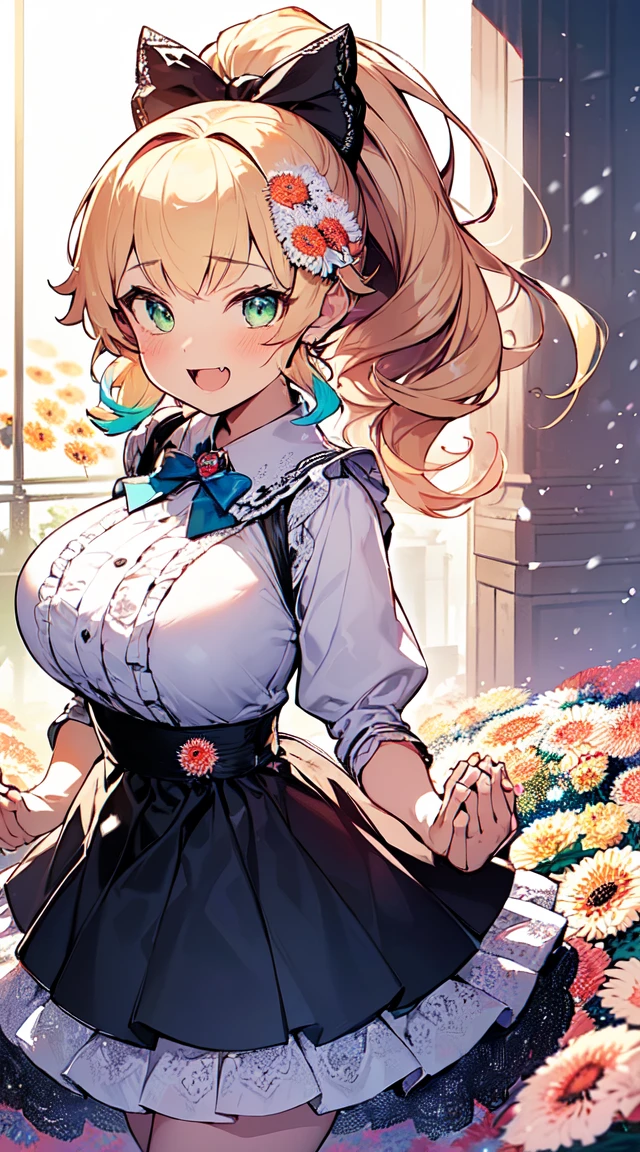 (8k, RAW photo, best quality, masterpiece, highres, absurdres, ultra detailed:1.3), (Photography, realistic, photo-realistic:1.4), (beautiful natural lighting, beautiful deatailed shadow, beautiful detailed glow :1.4), atmosphe
BREAK, 1 beautiful girl, girl, (cute:1.5),(chibi:0.5),(cute:2.0),(loli:2.0),(12 year old girl),(big breasts:1.65),(chin hair,blond hair,blue bow,green eyes,eyebrows showing through hair,side locks,split bangs long hair, hair flowers, hair ornament, big bows in hair, curly hair, ponytail:1.6),:el, white feathers, one slender white winged, Ang el wings, spread wings, shining wings),pit \black},sparkling skin, clear skin, glowing beautiful skin, open mouth, bashful smile, solo, fangs, upper teeth,(long eyelashes, double eyelids:1.2),solo, sparkling skin, clear skin, glowing beautiful skin,(top quality face),(top quality shining eyes),(fun, happy fluttering:1.45)
BREAK (white and pink theme:1.5), (white and pink Classical lolita fashion:1.5),(white and pink Princess dress adorned with a plethora of fresh gerbera (in various vibrant colors:1.2):1.5), (voluminous frills:1.3), (Basque waist:1.3), ((crinoline, long multilayer-voluminous ruffle skirt) adorned with a plethora of fresh gerbera (in various vibrant colors:1.2):1.5), (intricate floral lace embroidery:1.6), (Princess dress and ruffle skirt adorned with a plethora of fresh gerbera (in various vibrant colors:1.2):2.0),(white pink heels adorned with fresh gerbera flowers in various colors:1.2),(holding a bouquet of brightly colored flowers:1.1),
BREAK,(folded hands:1.8),(background of beautiful detailed The dazzling morning sun rises and Shrine grounds covered in snow:1.2),
BREAK,wakame,wakame,wakame,(Cowboy Shot:1.4),
BREAK,(Blurry background:1.3),(absurderes, hight resolution, Super Detail Art),cel shading,Clear Color, Lonely optical effect, Beautiful pictures, Bright glow, mystic atmosphere,(Close-up of girl:1.1), Mystical light particle effect,manga influence, clean line drawings,