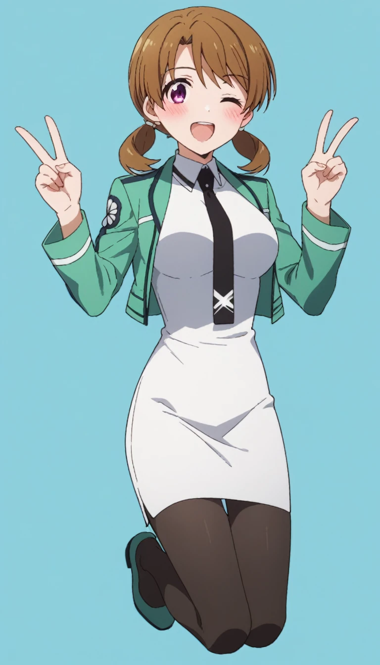 score_9, score_8_up, score_7_up, rating_questionable, 1girl, solo,
honoka mitsui, mahouka koukou no rettousei, mitsui honoka, purple eyes, brown hair, medium hair, twintails, low twintails, large breasts, first high , , dress, white dress, collared dress, pencil dress, necktie, black necktie, short necktie, jacket, green jacket, cropped jacket, open jacket, long sleeves, pantyhose, black pantyhose, full body, double v, v, hands up, looking at viewer, simple background, blue background, blush, smile, one eye closed, ;o, open mouth