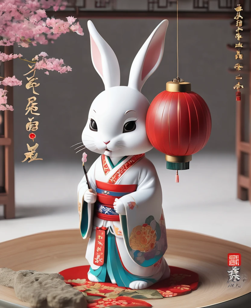 Cute white girl rabbit Jizo3D Image、Gaze gently、wear Kimono、Think of something fun、Bring happiness、Pen in hand、The background is a shining shrine、While gazing gently at the viewer, Chinese elements、 Very detailed、Money