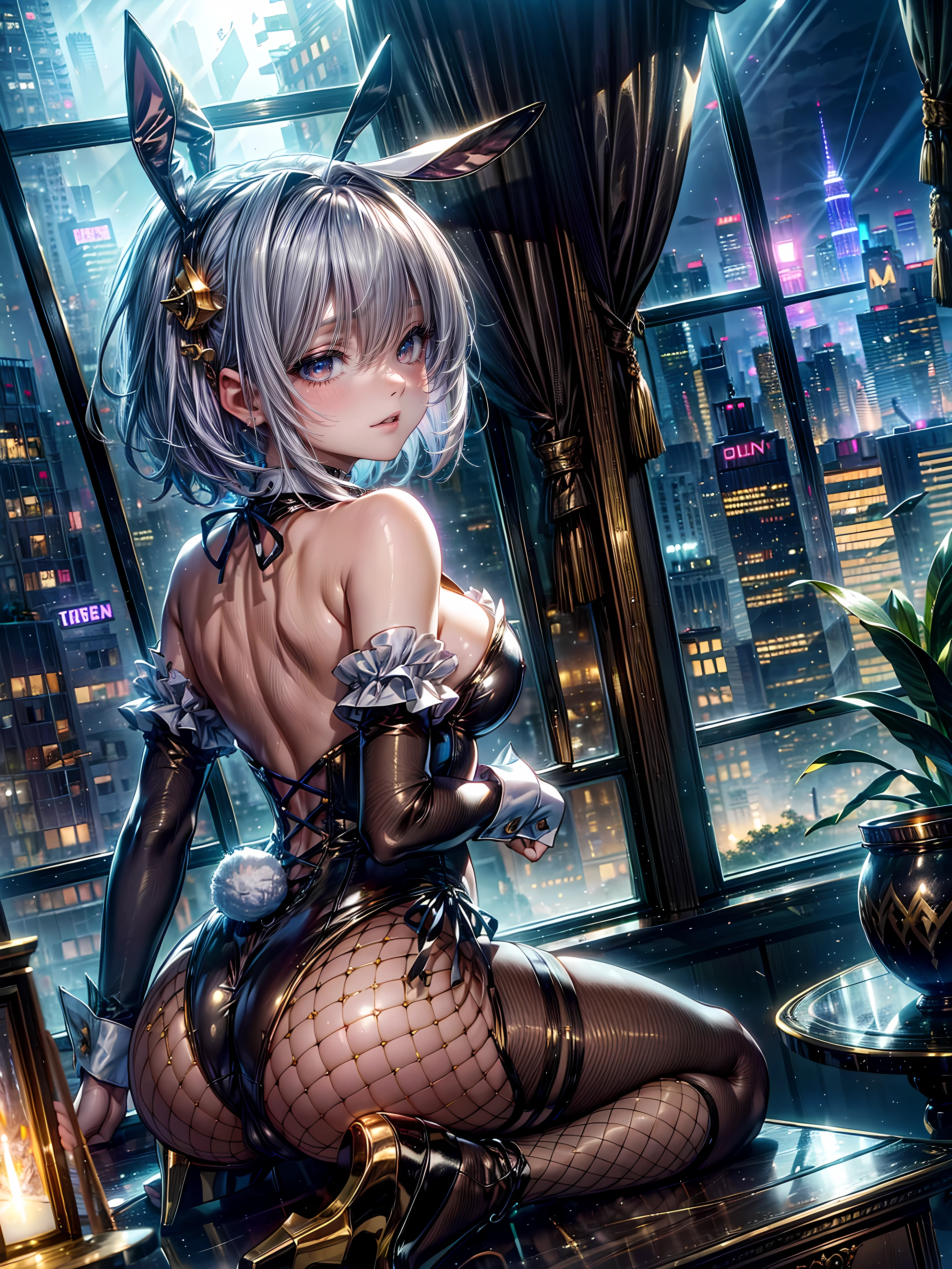 Highest quality、、(Bunny girl)、Fishnet tights、High heels、Golden Bunny Suit、View Viewer、Angle from the back、W-Sitting、smile、Futuristic Living Room、indirect lighting、Room with houseplants、From the window you can see the valley between the city buildings、Night view、Silver short hair、Beautiful eyes、Beautiful Face、Delicate eyes