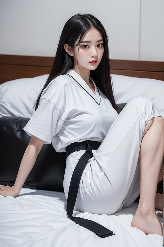 A cute girl is confined and tied up、Beauty、Make your eyes even、My hands are tied with ropes、Inside the hotel room、White short-sleeved shirt、Navy semi-long skirt、Lying in bed、Age 25、Medium build、Like real life、highest quality、