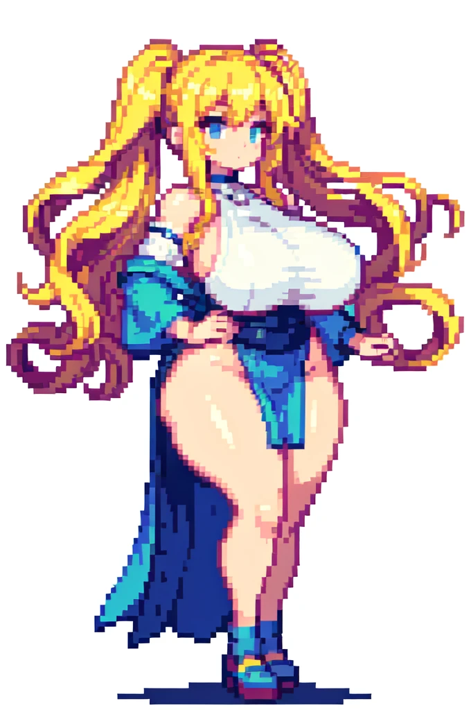 {{lift one leg}},{{muscular}},{{gigantic breasts}} ,{{very curvy}} ,priest, ,masterpiece , best quality , pixel art , 1 girl ,{full body},  voluptuous ,twintails,blonde hair ,white background