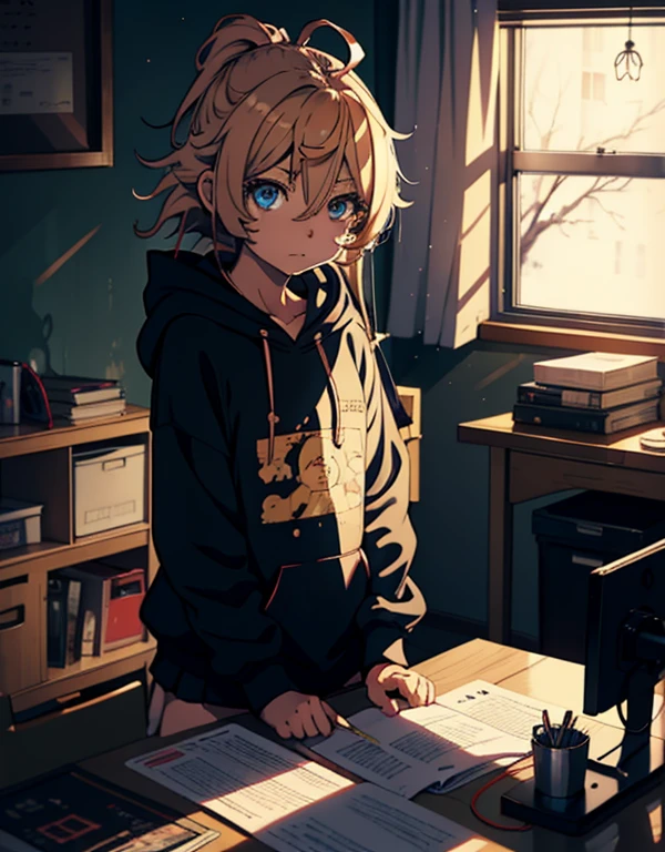 Anime girl wearing a hoodie,((1girl:1.4)), Untidy hair, She studies in her room, She sits at her desk, Looking at something, winter a night, (2D illustration:1.2), Nanakusa Nazuna | yofukashi no uta,(1girl:1.3), ((Positive feedback)), a night, ((Side vision:1.4))