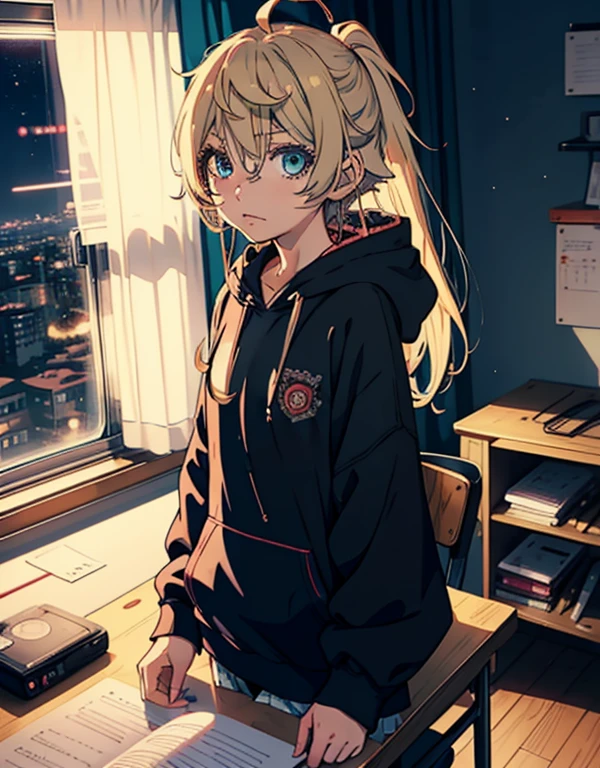 Anime girl wearing a hoodie,((1girl:1.4)), Untidy hair, She studies in her room, She sits at her desk, Looking at something, winter a night, (2D illustration:1.2), Nanakusa Nazuna | yofukashi no uta,(1girl:1.3), ((Positive feedback)), a night, ((Side vision:1.4))