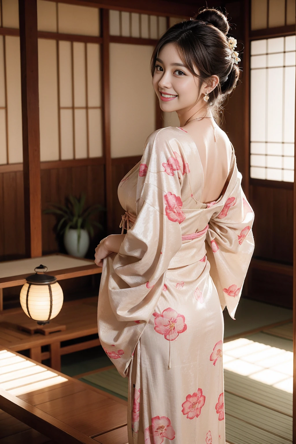 high quality,8K, Detailed facial depiction, Detailed description of the eyes,One Woman, Light brown hair(Medium-long hair),Hair tied up,Beautiful Japanese Girl,24-years-old,Cute eyes,Cute Smile,Yukata beauty,Golden floral yukata,Lace underwear,String panties,Slender body, Large, plump breast size, Long and beautiful legs,Smiling, Colorful earrings,necklace,Are standing,Beautiful nape,Japan tatami room,Feminine gestures,Dry landscape garden,wind chimes,Beautiful back view,Her yukata is open, revealing her beautiful shoulders.,Beautiful woman looking back