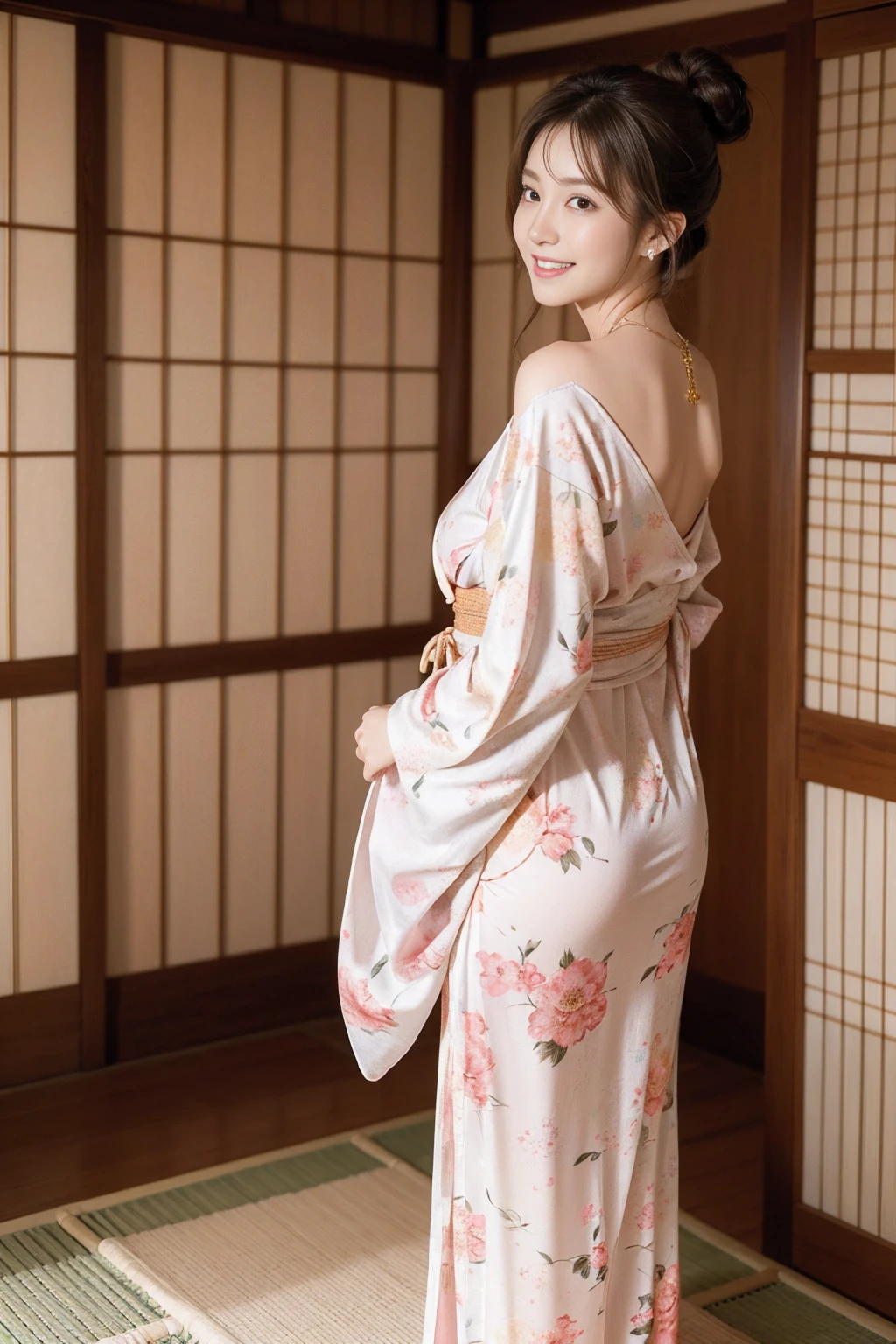 high quality,8K, Detailed facial depiction, Detailed description of the eyes,One Woman, Light brown hair(Medium-long hair),Hair tied up,Beautiful Japanese Girl,24-years-old,Cute eyes,Cute Smile,Yukata beauty,Golden floral yukata,Lace underwear,String panties,Slender body, Large, plump breast size, Long and beautiful legs,Smiling, Colorful earrings,necklace,Are standing,Beautiful nape,Japan tatami room,Feminine gestures,Dry landscape garden,wind chimes,Beautiful back view,Her yukata is open, revealing her beautiful shoulders.,Beautiful woman looking back