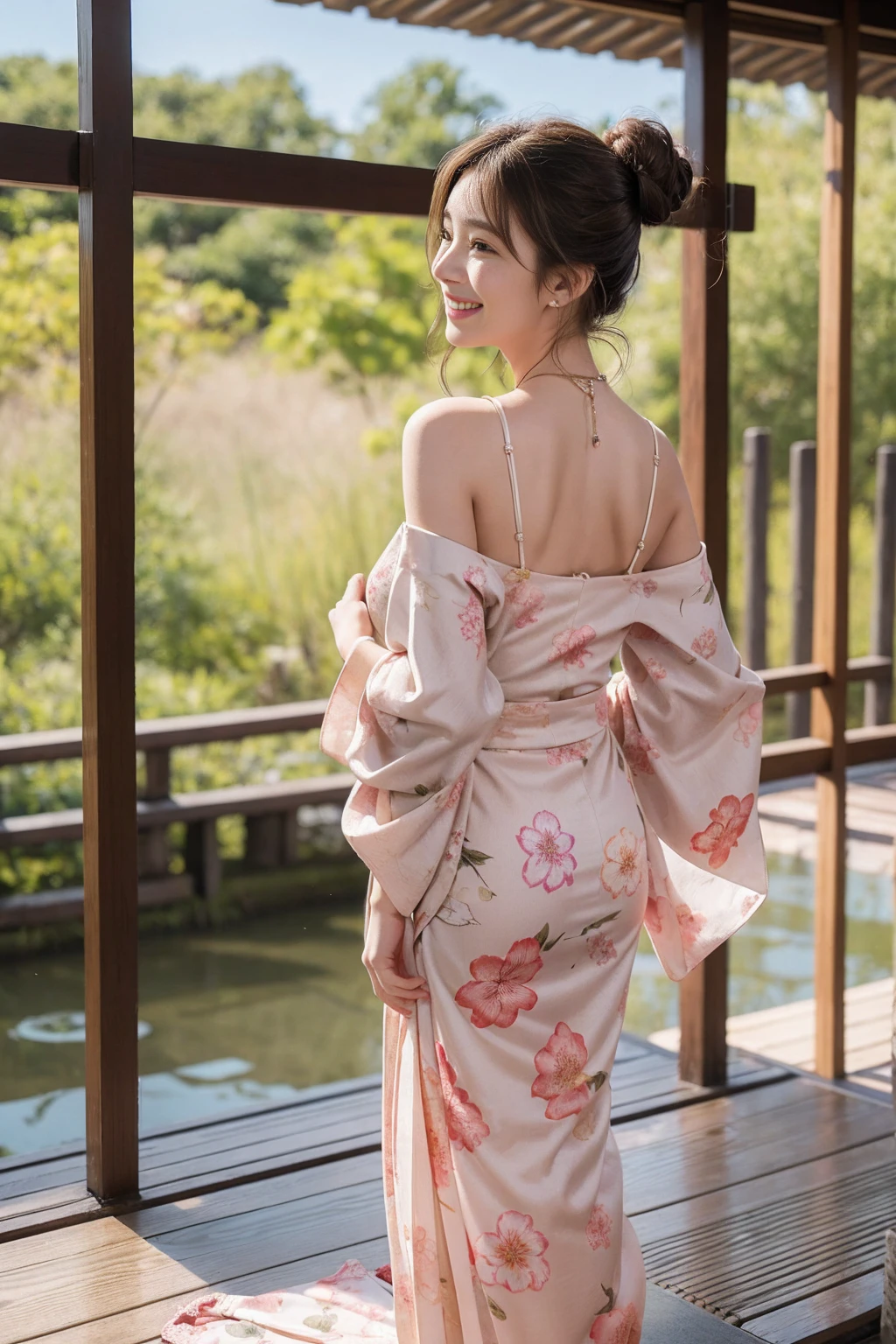 high quality,8K, Detailed facial depiction, Detailed description of the eyes,One Woman, Light brown hair(Medium-long hair),Hair tied up,Beautiful Japanese Girl,24-years-old,Cute eyes,Cute Smile,Yukata beauty,Golden floral yukata,Lace underwear,String panties,Slender body, Large, plump breast size, Long and beautiful legs,Smiling, Colorful earrings,necklace,Are standing,Beautiful nape,Japan tatami room,Feminine gestures,Dry landscape garden,wind chimes,Beautiful back view,Her yukata is open, revealing her beautiful shoulders.,Beautiful woman looking back