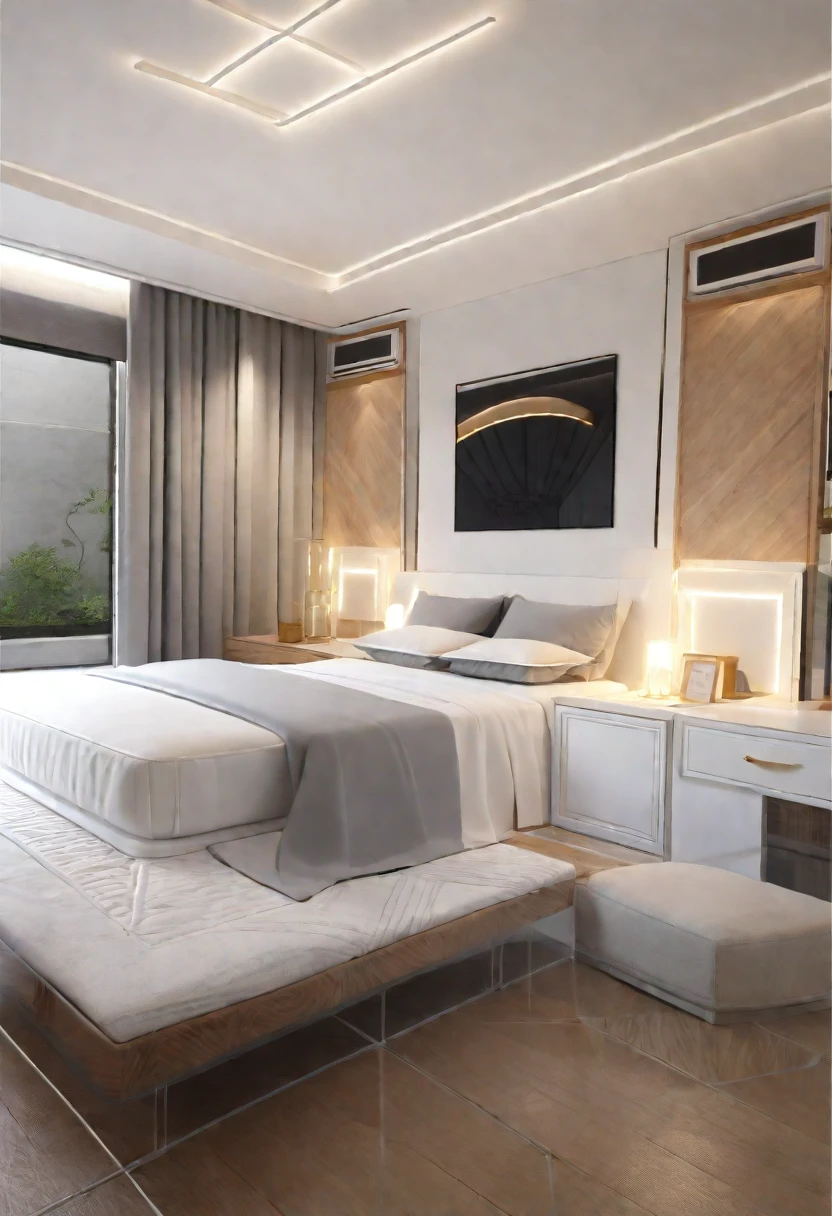 There is a bed，The headboard is gray，The blanket is white, bedroom, bedroom背景, Cream Room, Sterile simple room, Modern minimalist f 2 0, Modern minimalist f 2 0 clean, Flat Gray, 3D rendering style, Personal room background, High quality 3D rendering, High quality 3D rendering, Clean lines