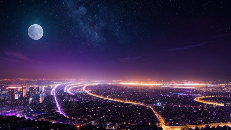 Neon color　Deep purple　Moon　Dazzling starry sky