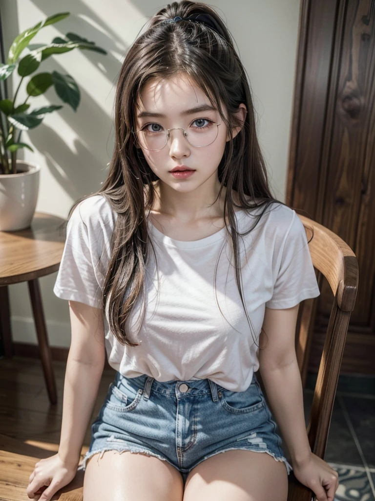 (Best quality, masterpiece, detailed), (RAW, 4k, hd images), shy, 1 girl, 17 years old, white skin, long hair, ponytail, layers hair, bangs, black hair, beautiful girl, cute girl, sweet girl, pretty girl,perfect girl, pretty eyes, blue eyes, thin lips, thin,(eye line, lip stick pink soft) perfect , glasses(detailed frame), indoors, white tshirt, jeans hot pants, thigh, sit on the chair