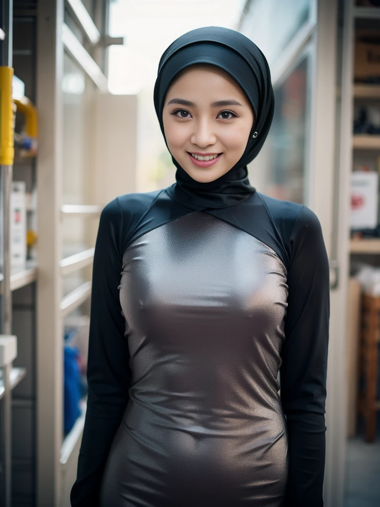 36 years Old, Hijab Indonesian mature woman, (hardware store), Slim body, tight long sleeve dress, Breast about To burst out, blur background, bokeh, smiling, elegant, detailed skin, 