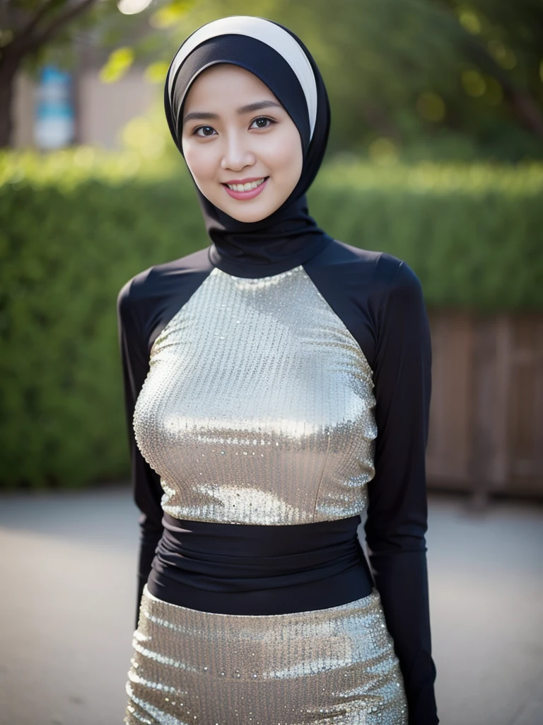 36 years Old, Hijab Indonesian mature woman, (hardware store), Slim body, tight long sleeve dress, Breast about To burst out, blur background, bokeh, smiling, elegant, detailed skin,