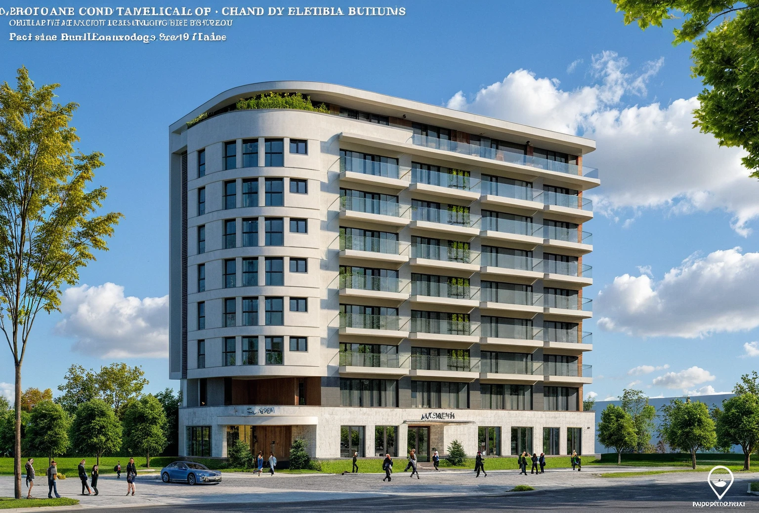 Masterpiece, high quality, best quality, authentic, super detail, outdoors, house style modern,bietthuhn, white wall, glass windows, gate road,pavement, grass, trees,blue sky, cloud, (day:1.1), realistic lighting