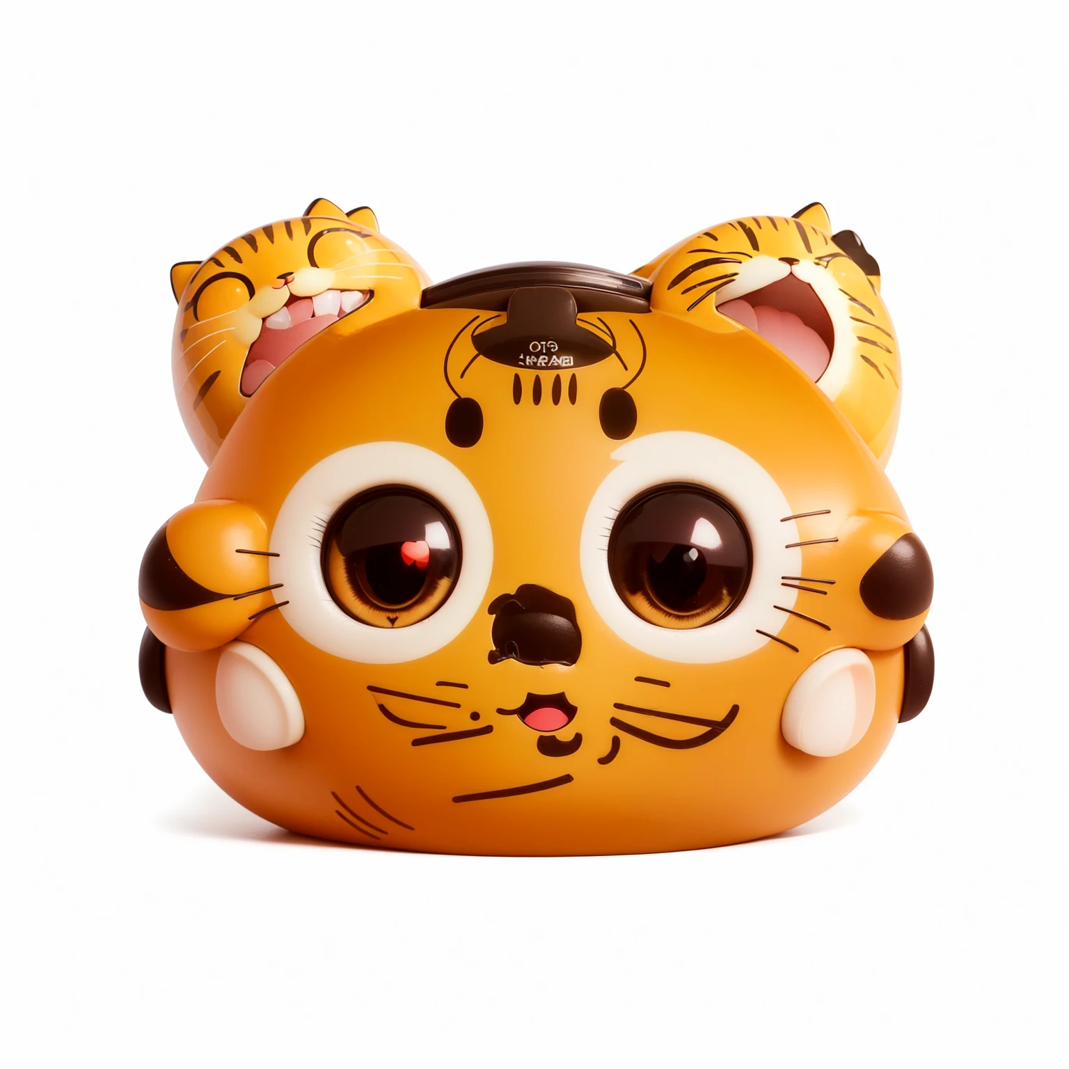 There is a cat toy,Nose and eyes are brown, Cat Face, Kawaii, clear Lovely face, Cat head, umaru-chan, Lovely face big eyes and smiley, Lovely toy, Lovely cartoon character, The tiger is smiling, Animal Face, Kawaii, charming expression gesicht, Lovely! C4D, vinyl toy figurine