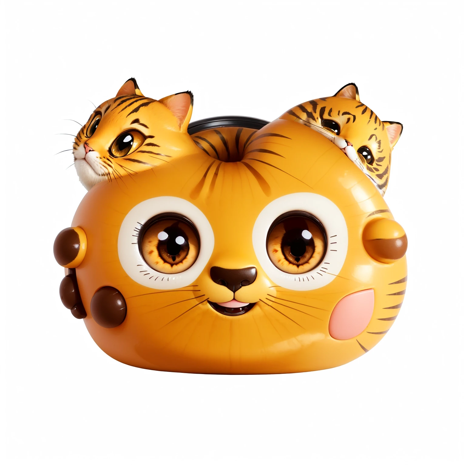 There is a cat toy，Nose and eyes are brown, Cat Face, Kawaii, clear Lovely face, Cat head, umaru-chan, Lovely face big eyes and smiley, Lovely toy, Lovely cartoon character, The tiger is smiling, Animal Face, Kawaii, charming expression gesicht, Lovely! C4D, vinyl toy figurine