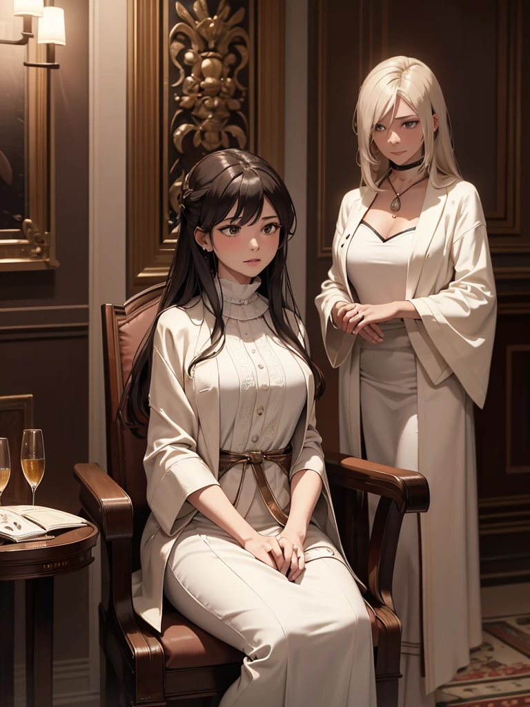 (​masterpiece、top-quality、hight resolution), In a hotel room, a mature woman and a younger man are seated together, engaging in a serious conversation. The woman, appearing slightly nervous yet composed, is making the final confirmation. She says, "I know I'm older and might seem like an aunt to you, but are you really okay with this? Your first time being with someone like me...". The setting is intimate, with the woman sitting close to the man, who is attentively listening. The room's ambiance is cozy and private, highlighting the moment's significance and their emotional connection. (nsfw, 30 years old, bathrobe over naked)