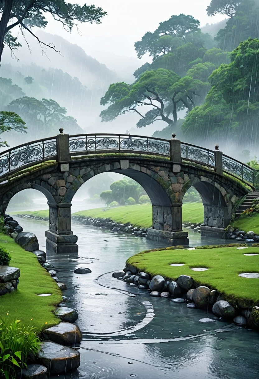 A touching scene on a picturesque bridge during a rainy day, The bridge, made of old stone with ornate railings, stretches over a calm river, with raindrops creating ripples on the water's surface. The background showcases a misty, lush landscape with trees and distant hills, adding a romantic and serene ambiance to the scene. The overall mood is one of care, compassion, and serene beauty, heavy rain
