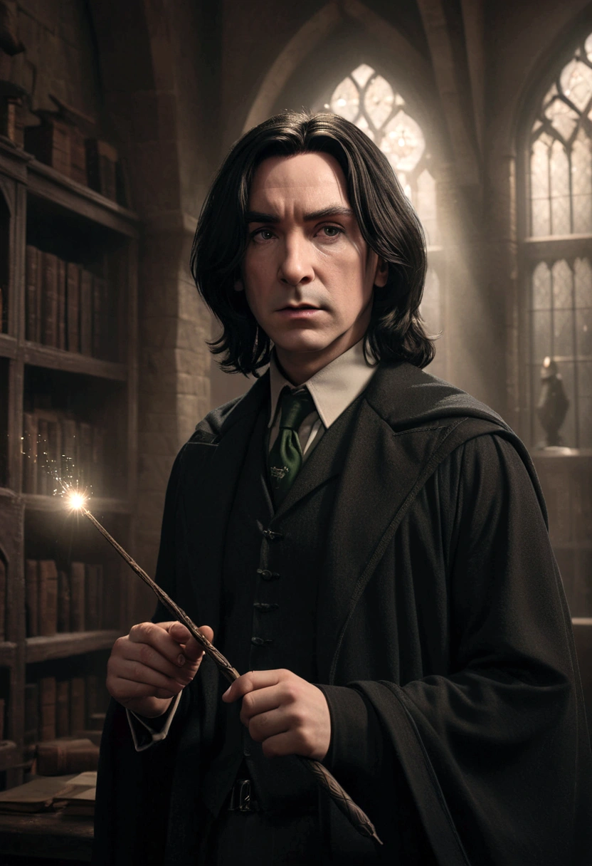 a young severus snape holding the magic wand of harry potter, intricate details, beautiful face, long hair, hogwarts uniform, pensive expression, atmospheric lighting, dramatic shadows, photorealistic, hyperrealistic, detailed environment, highly detailed, 8k, cinematic lighting, moody, dark academia aesthetic