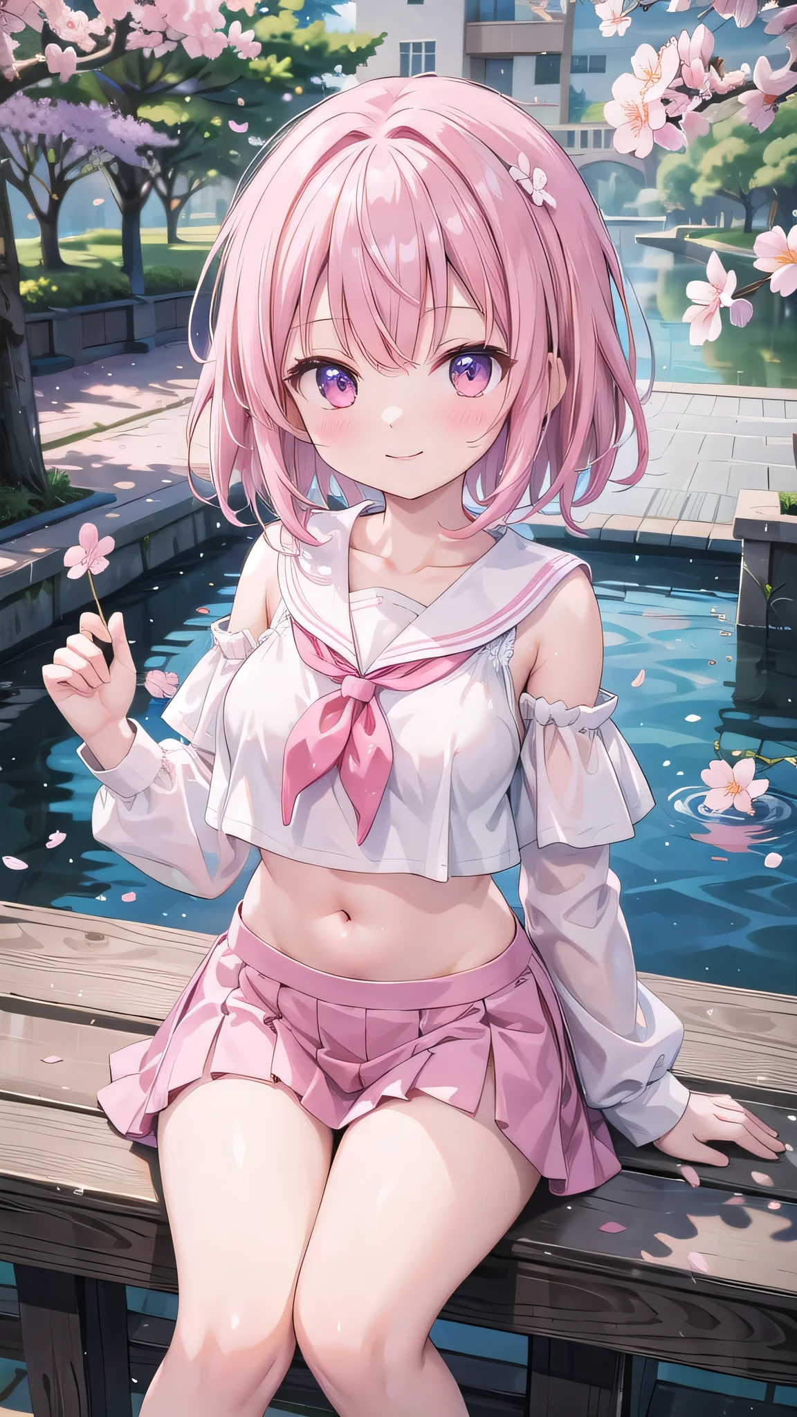 (masterpiece), Going out,cherry blossoms, Outdoor, One girl, Off-the-shoulder serafuku, Medium Hair, Pink Hair, smile, Medium chest, Her belly button is visible,Particles of light, Speckled sunlight