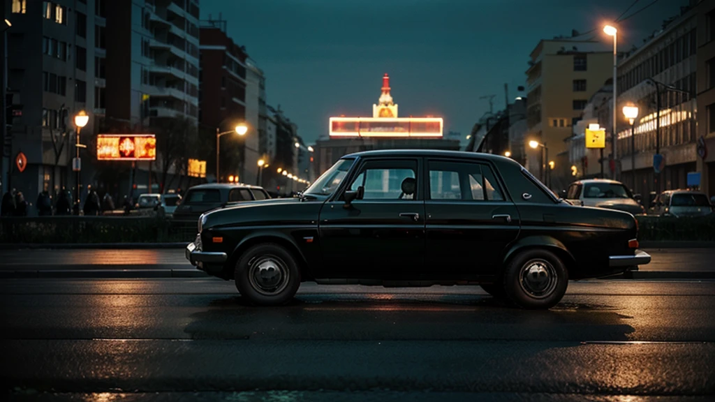 Soviet KGB car of the 70s, sedan, black GAZ 24, against the backdrop of evening Moscow