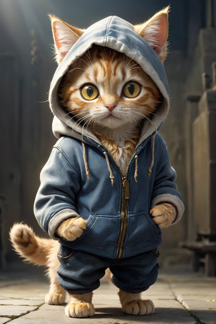  small, かわいいbornき物, Wearing a hoodie, whole body, , Are standing, Costumes,  Fantasy art, Exquisite detail, Jean-Baptiste Monge Style, Alan Lee Style, Anthropomorphic yellow-eyed tabby furry kitten, Movie Scenes,Cat punch、 Dramatic shot angles, , Realistic, born々Amazing cinematic photorealism, Action Portrait, 8K, detailed, Full Frame