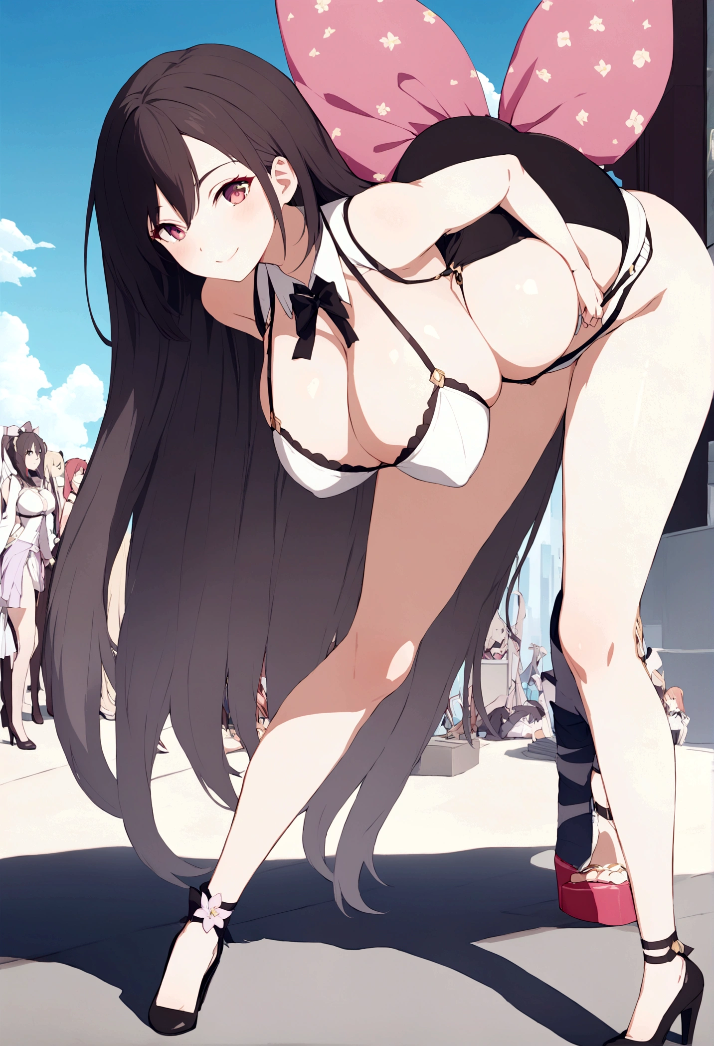 Ground View,giantesscity,tifa,giantesscity,giant girl 50000 feet high,Have a pair of ultra long legs,bending down,picking up small men,small men under her feet,a pair of huge ,Wearing a pair of Mary Jane heels,A look of enjoyment,Beautiful appearance,Exquisite makeup,quality,8k,高quality,Perfect proportion, Cinema lighting,film grain,Fuji colors,8k,textured skin,Super details,high detail,high quality,high resolution,explode,fake smile